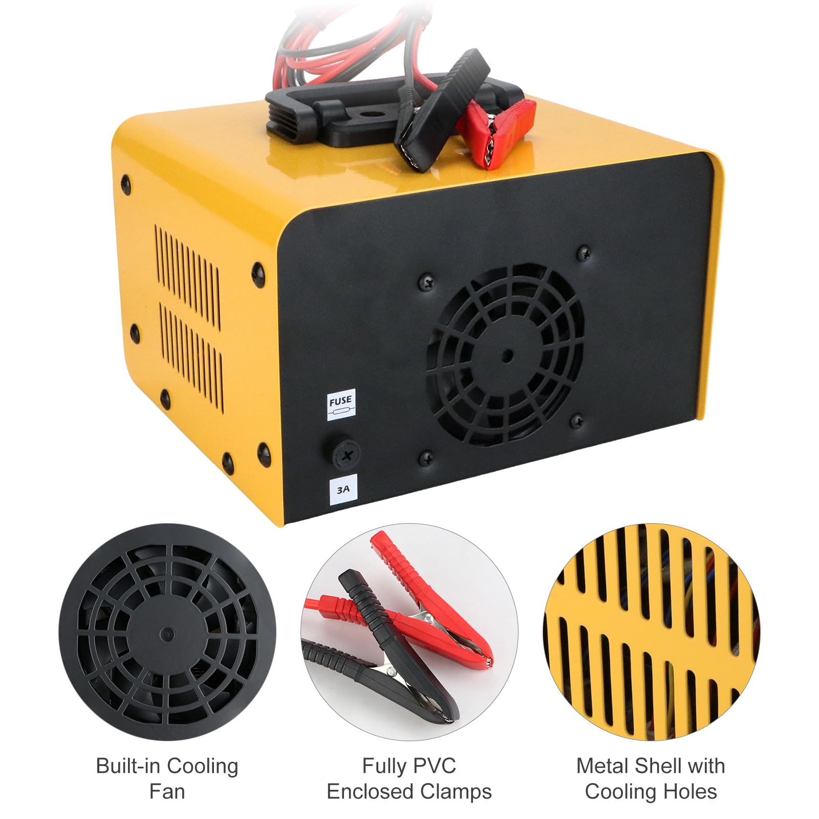 Anesty Cargador de batería de coche de 12 V, 24 V, 20-250 Ah, cargador de batería inteligente de plomo-ácido, unidad de carga automática de batería de coche resistente para furgoneta, motocicleta,