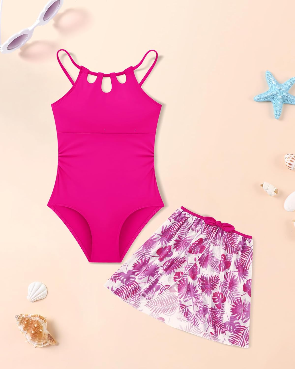 Redair Girls Swimsuit One Piece Swimwear with Tropical Printed Cover Up Skirt Girls Bathing Suits Set 7-16 Years - Image 6