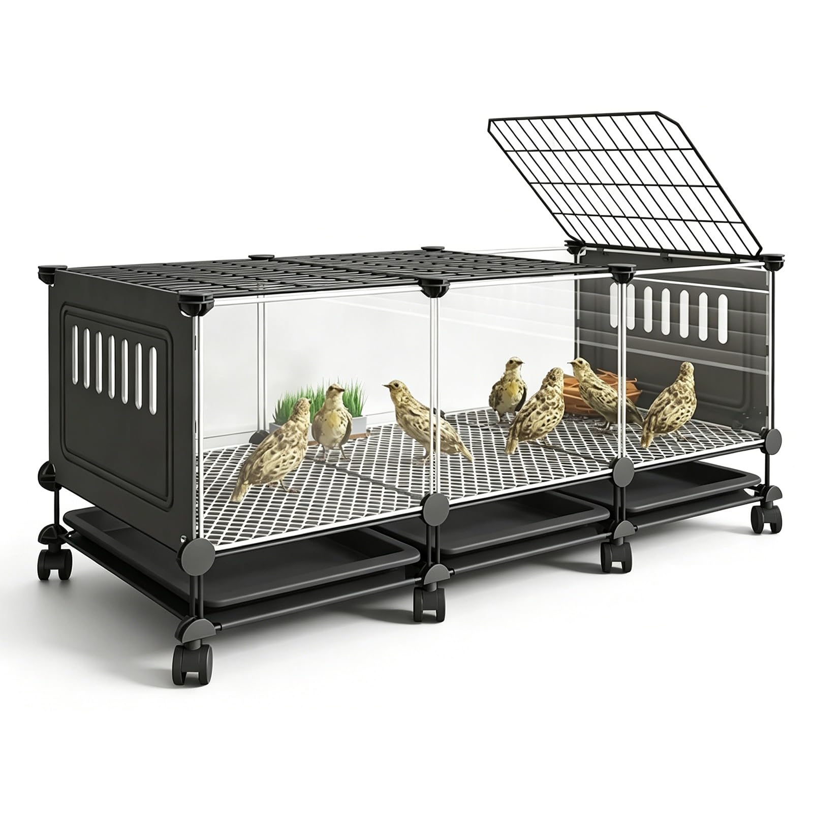 Home Chicken Coops HD Transparent Rudin Chicken Cage 360° Rotating Casters Pull-out Bottom Tray Indoor Quail Cage Skylight Design For Raising Multiple Pets(Black,111x47x54cm)