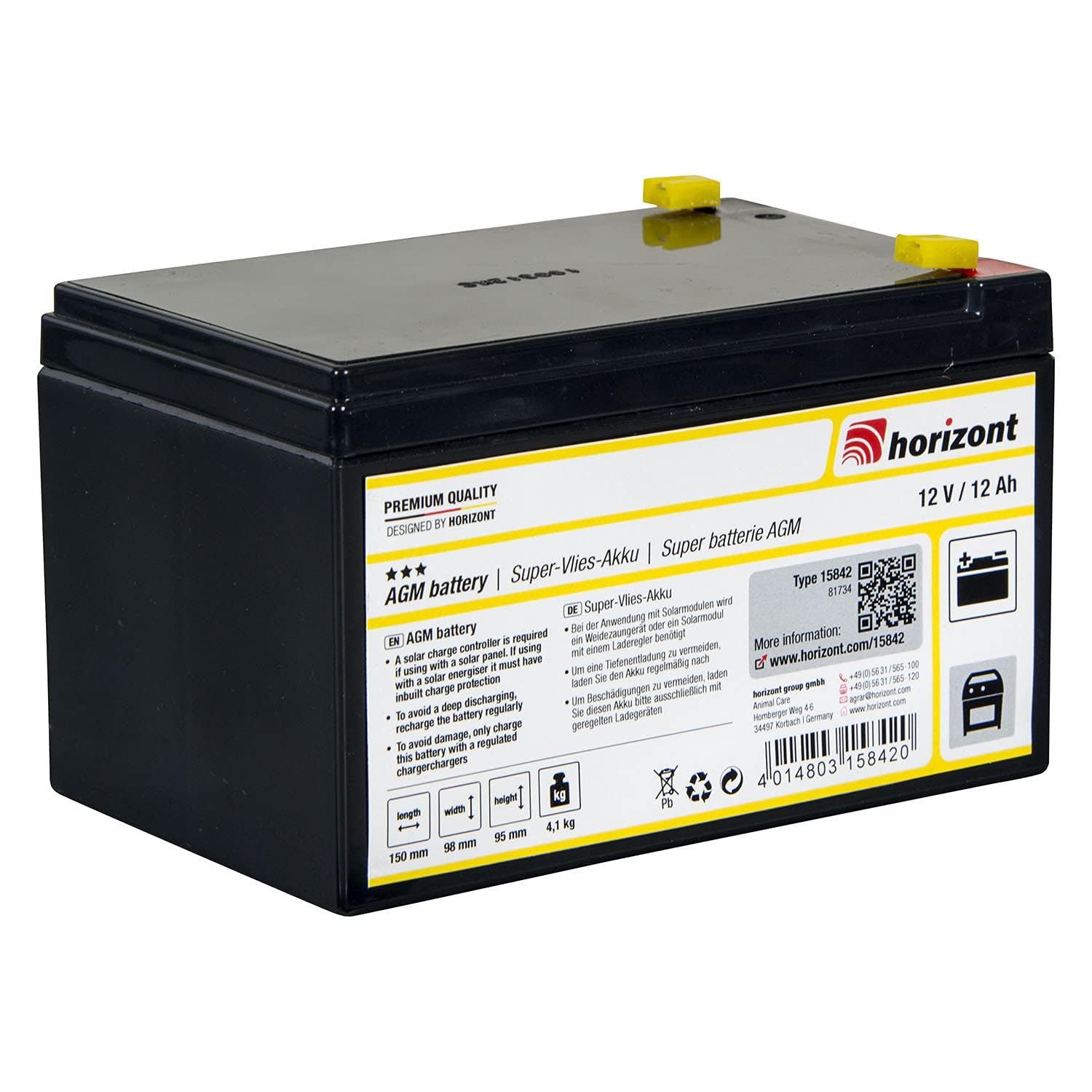 horizont Weidezaunakku 12V/12Ah Super-Vlies-Akku wiederaufladbar