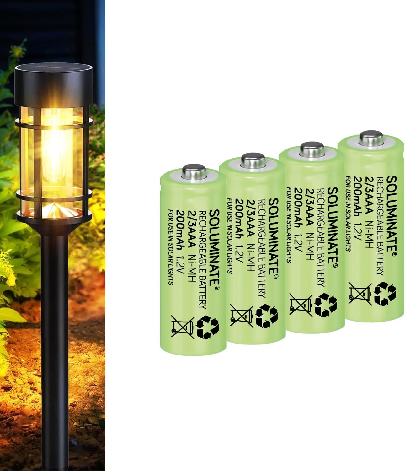 Soluminate Rechargeable 2/3AAA Solar Light Batteries for Garden Solar Lights Latest 1.2V NiMH Technology (2-3AAA, 2/3HR03, Two-Thirds-AAA 29.5mm x 10mm) [4-Pack]