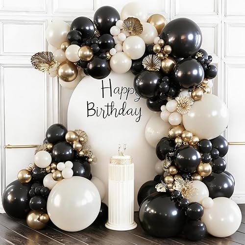 Kit de arco de globos negros y dorados, guirnalda de globos dorados y negros de doble relleno de 129 piezas con perlas negras, blanco, arena,