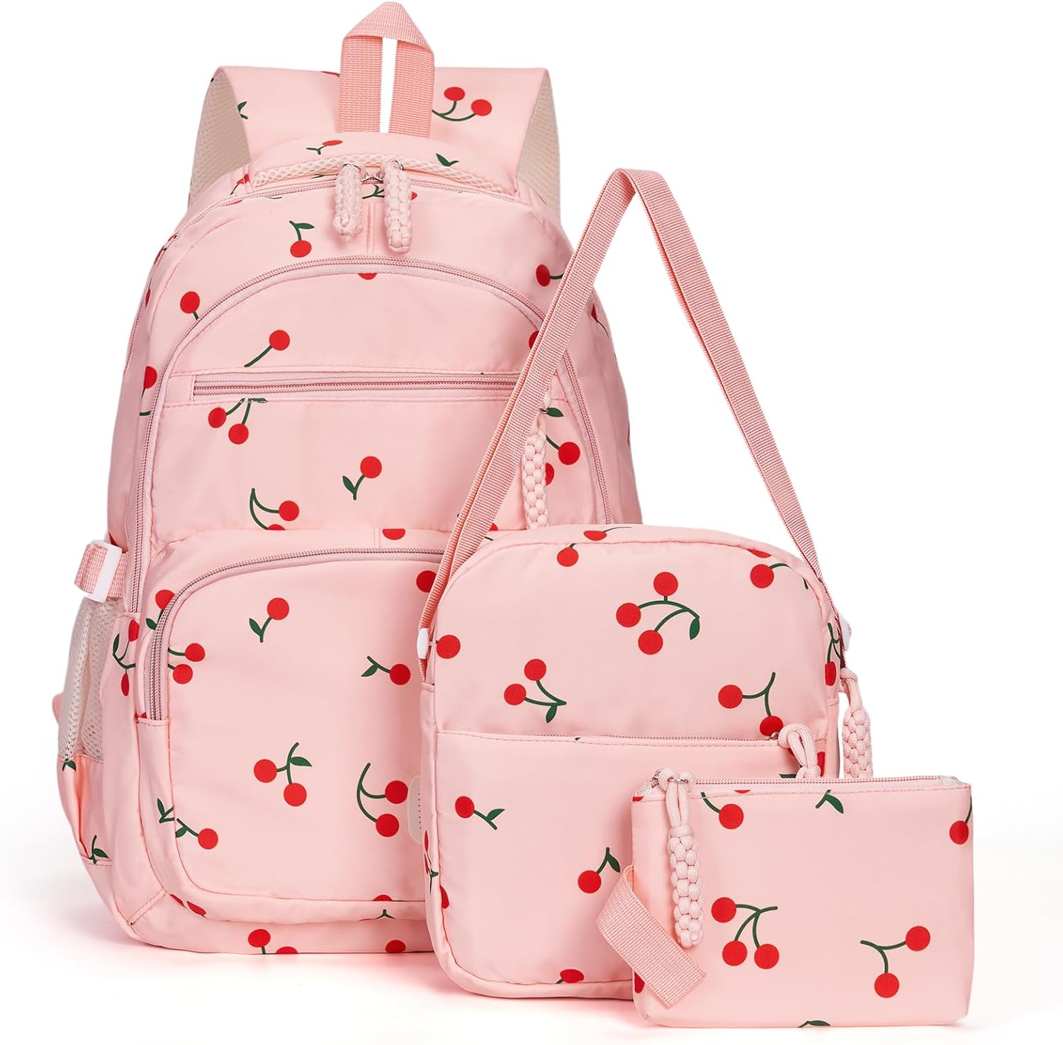 Bow Backpack for Women Kawaii Coquette Nylon Backpack 3Pcs Set Cute College Laptop Rucksack Fashion Travel Daypack (White Pink)