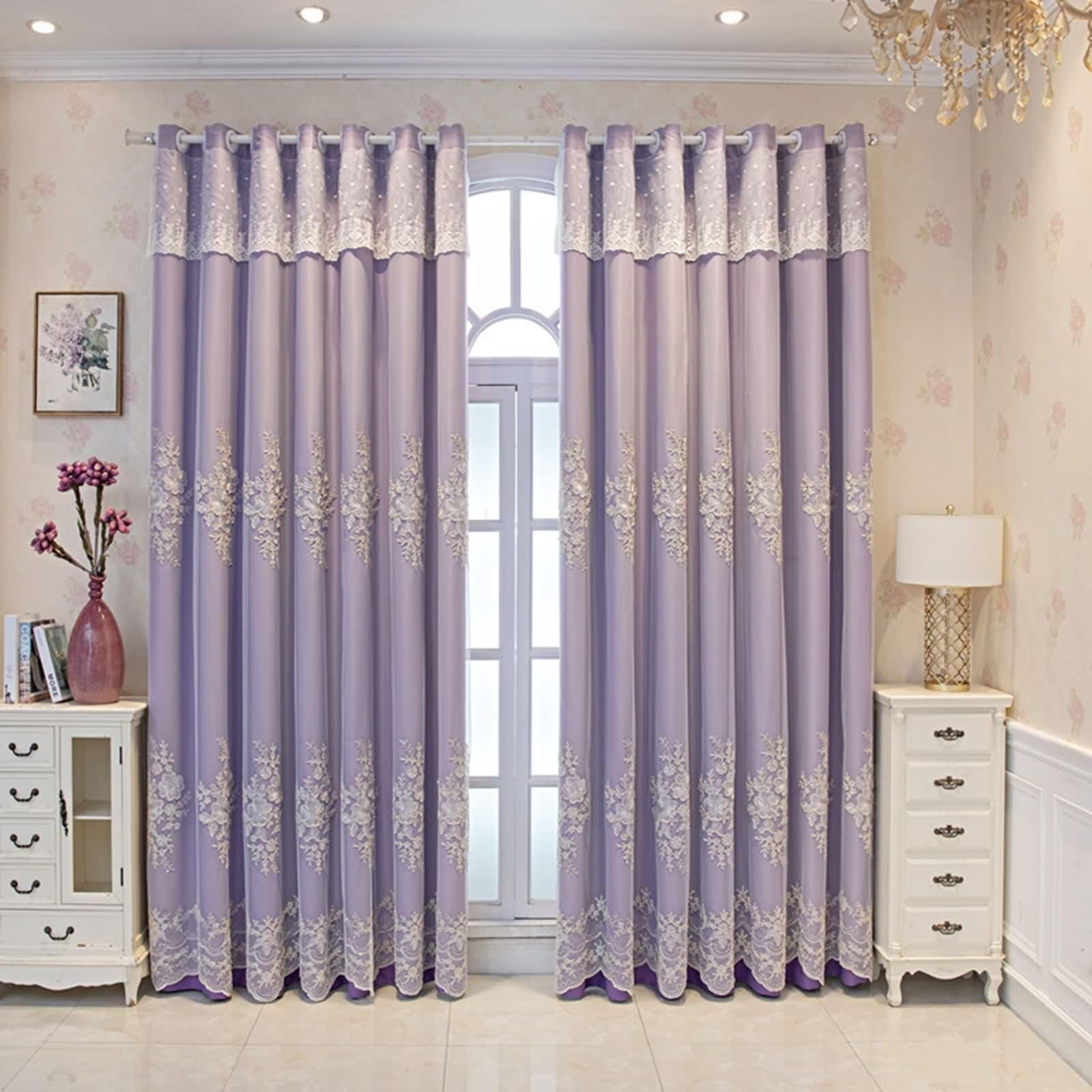 Rideau Fenetre Occultant, Lot de 2 Rideau Violet Polyester Coton Broderie en Dentelle Double Couche LxH 96x160cm