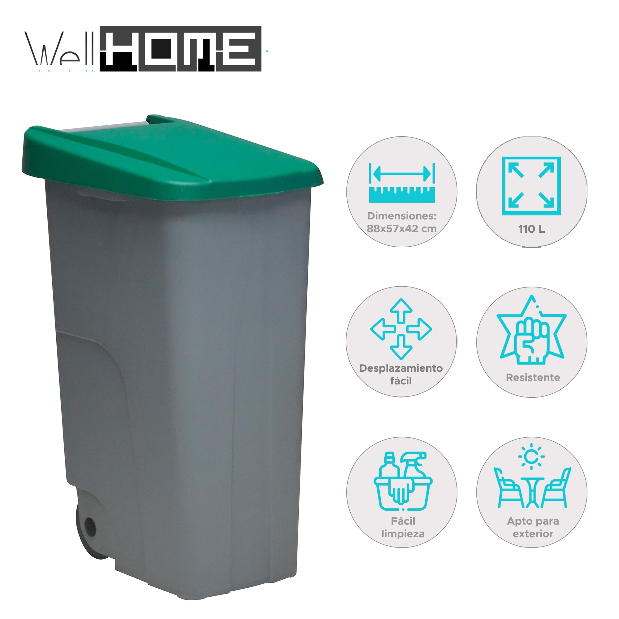 Well Home Contenedor Reciclo 110 litros Cerrado, Verde, 88x57x42 cm