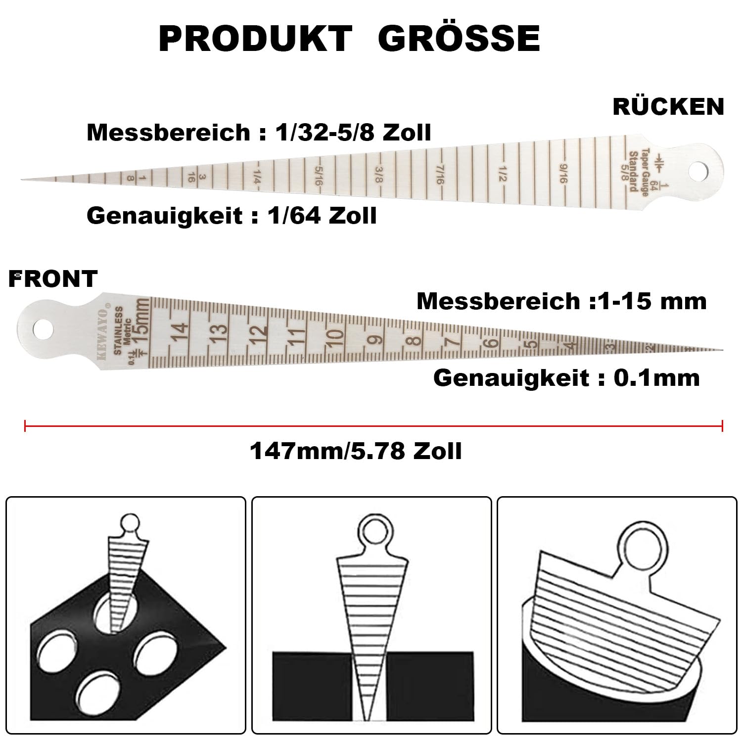 Gap Taper Gauge, 1-15mm 1/32-5/8 pollici in acciaio inox Gap Taper saldatura spessore calibro Gage Test Ulnar, pollice metro foro ispezione misura strumento