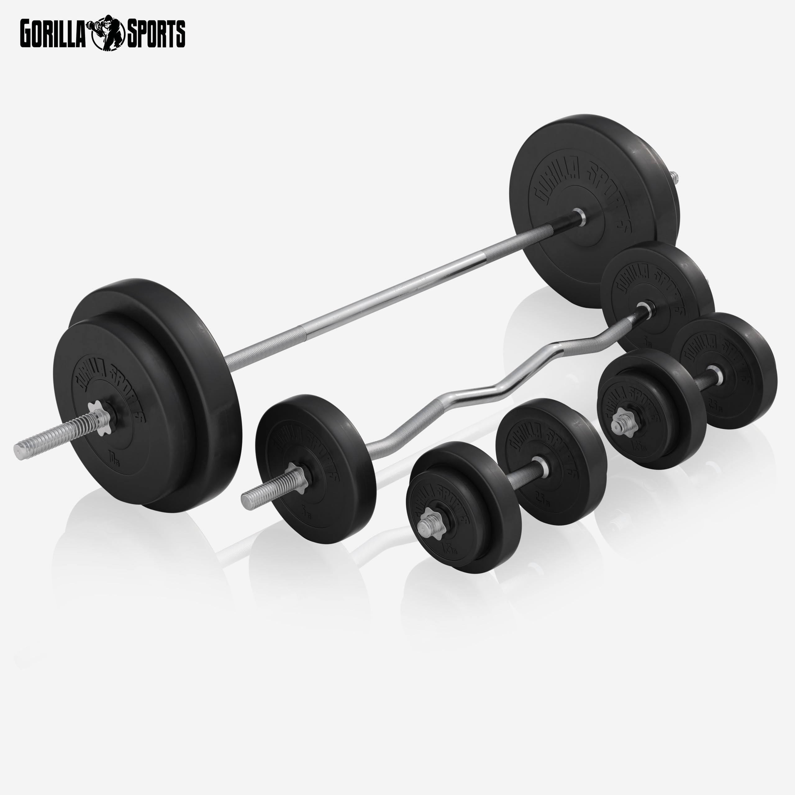 GORILLA SPORTS® Panca Multifunzione - 46 Pezzi, Panca Regolabile, Portabilanciere, Butterfly, Lat Machine, Tappetino Fitness, 2 Bilancieri, 2 Manubri, 14 Dischi 100 kg - Stazione Fitness