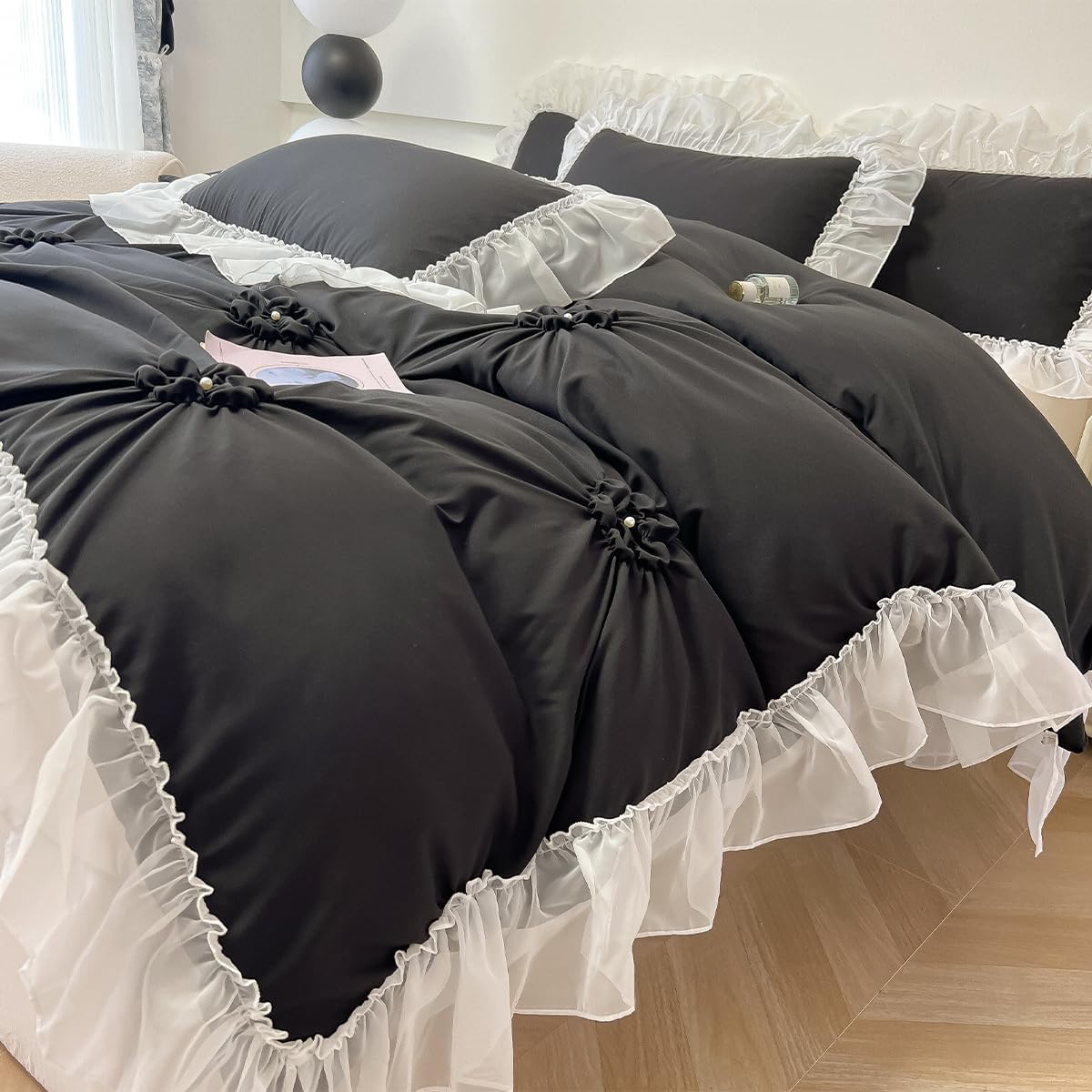 Black Halloween Duvet Cover Full Size - Pintuck Full Duvet Cover Set Flower, 3 Piece Ruffle Bedding with Zipper Closure, 1 Pinch Pleated Duvet Cover 79x90 inches and 2 Pillow Shams