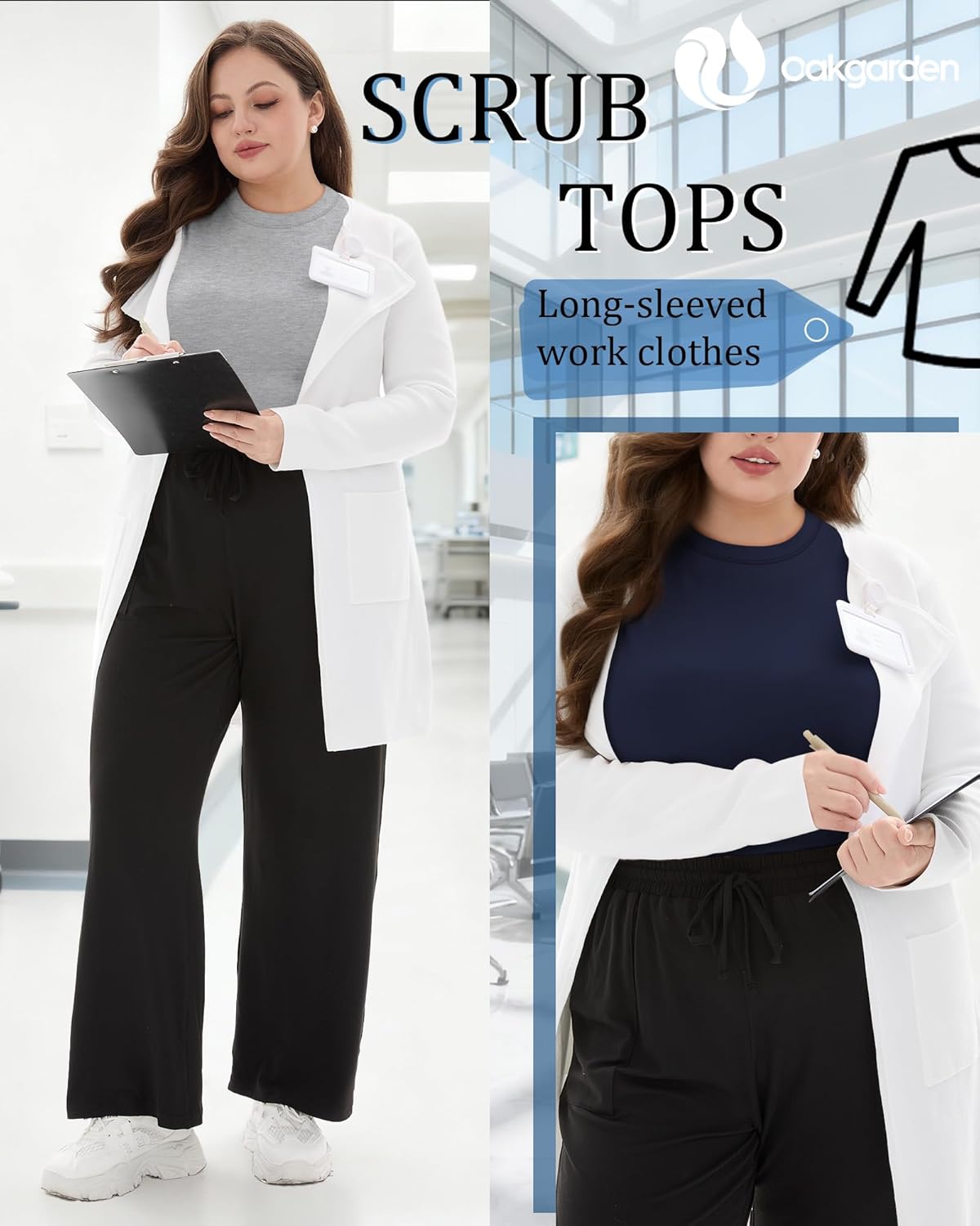 Oakgarden 3 Pack Women's Plus Size Underscrub Shirts, Long Sleeve Crew Neck Tops Fitted Layering Basic Tee for Nurse