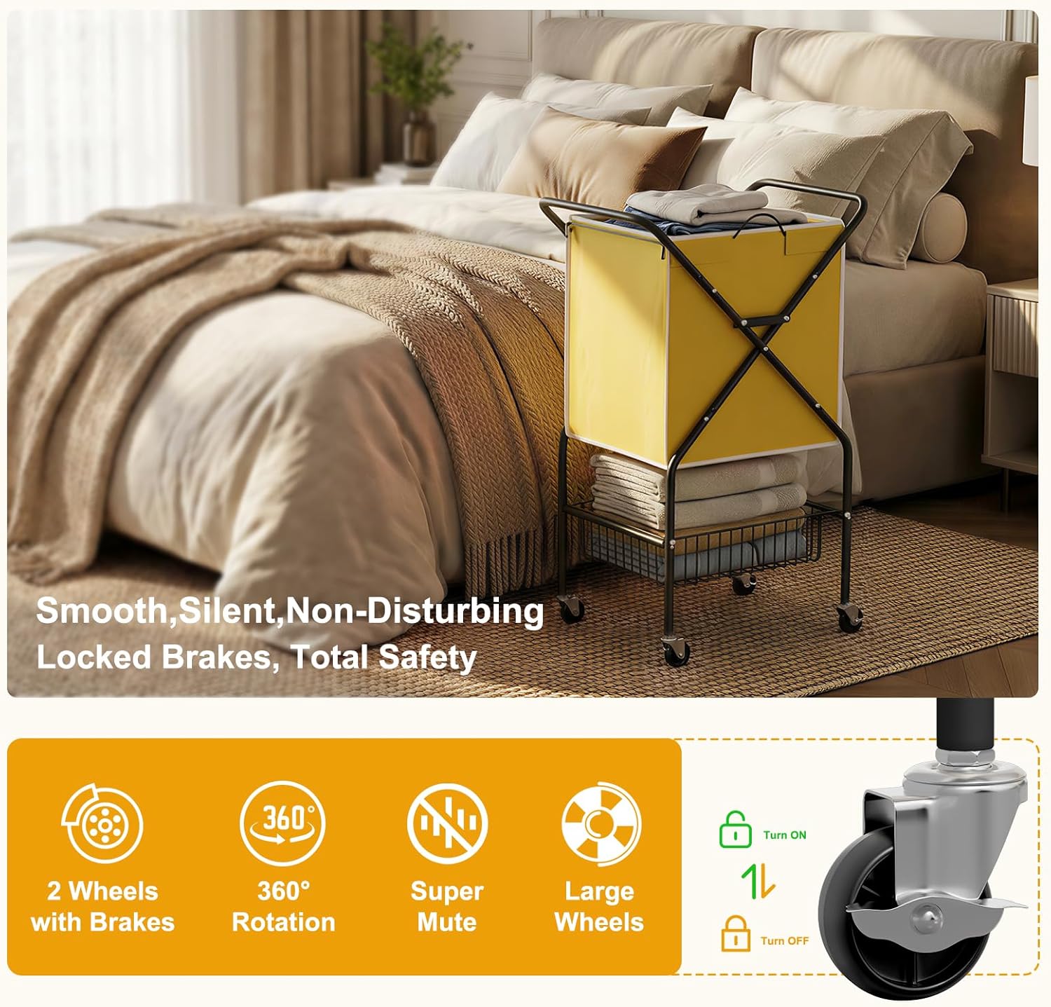 Convenient Laundry Basket with Wheels,36" High Easy Rolling Laundry Cart with Wheels,Heavy Duty Dirty Clothes Laundry Hamper with Handles Removable Bag for Seniors,Folding Metal Frame/Yellow/98L
