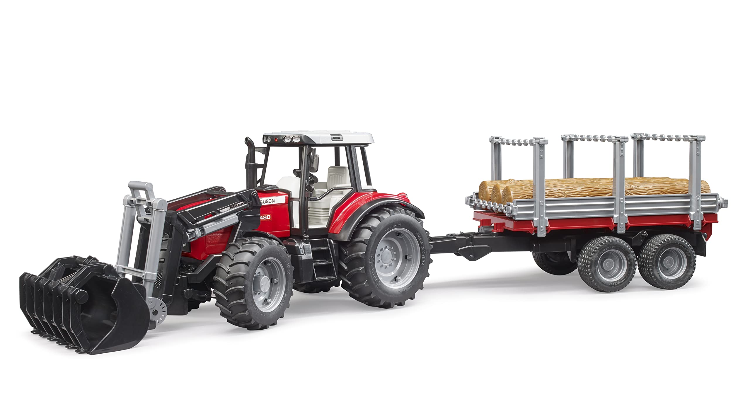 bruder 02046 - Massey Ferguson 7480 mit Frontlader, Holztransportanhänger, 3 Baumstämmen - 1:16 Traktor Trecker Schlepper Transportanhänger Tieflader Landwirtschaft Bauernhof Spielzeug