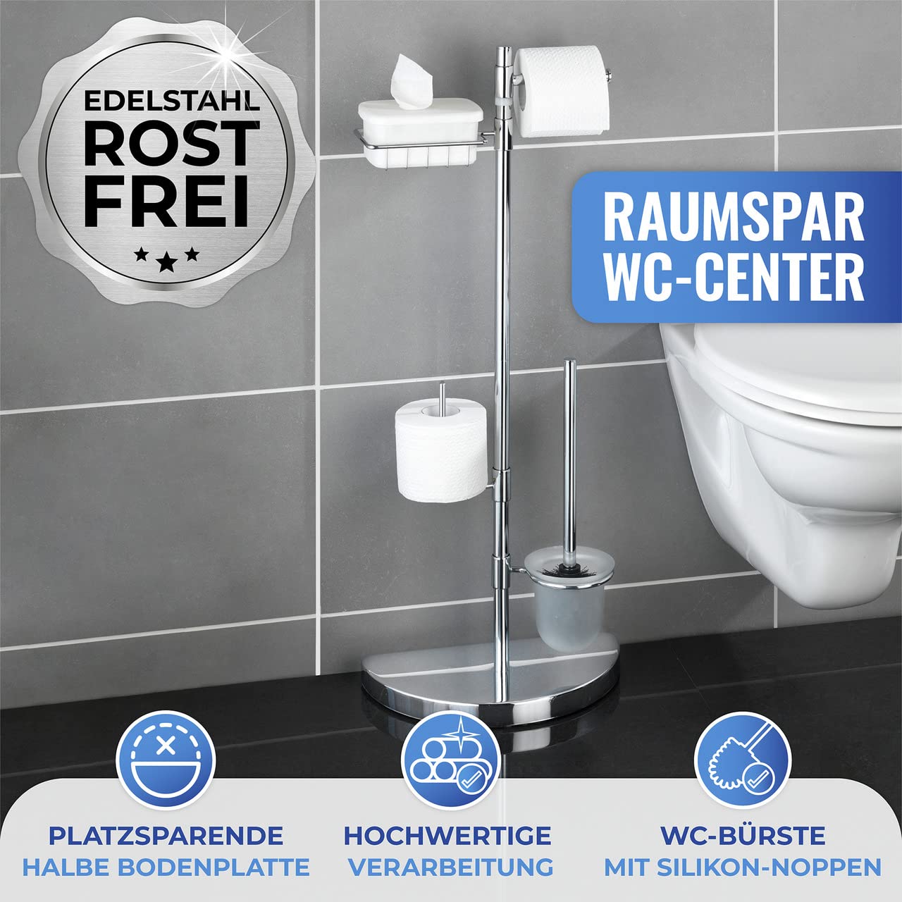 WENKO Raumspar WC-Center, Ständer für Toilettenpapier & Toilettenbürste, WC-Papierhalter mit Ablage, stehender Rollenhalter inkl. Bürste, rostfreier Edelstahl, 34 x 84,5 x 18 cm