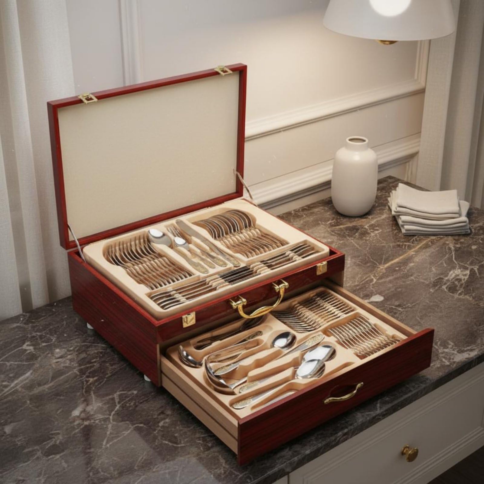 72 Piezas Cubiertos de Acero Inoxidable Juego de Cubiertos Tenedores Cucharas Cuchillos Lustre Pulido con Caja para Guardar Adecuado para Uso Doméstico Servicio Profesional Celebraciones