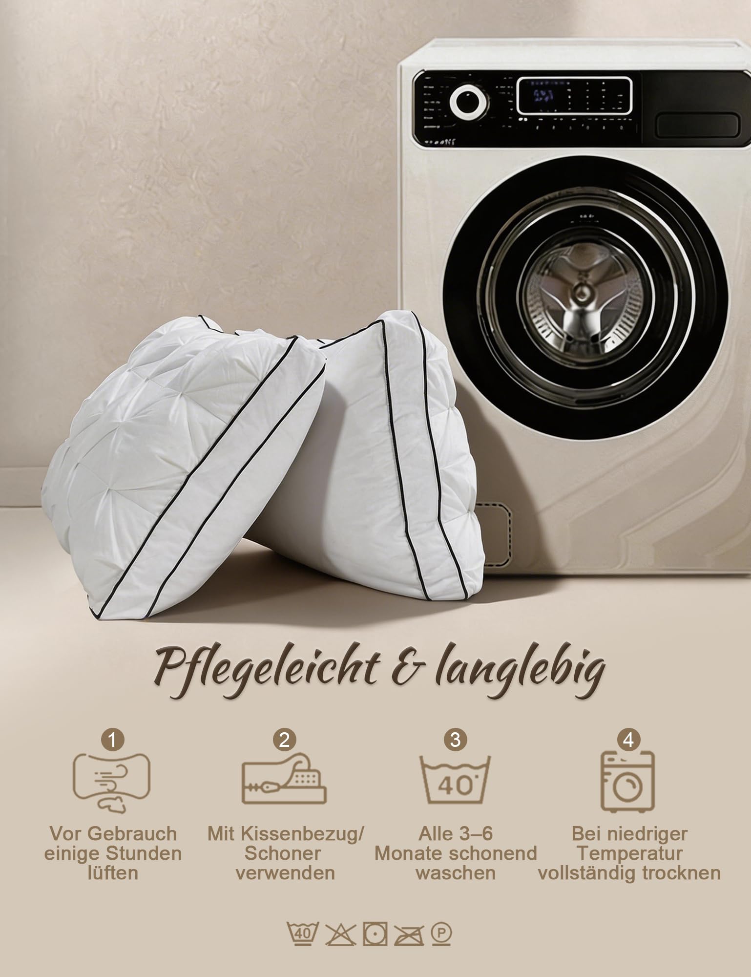 BPC Daunenkissen 80x80 cm 2er Set, 3-Kammer Kopfkissen | 90% Daunen außen & Federkern | Weich und formstabil | 100% Bio-Baumwoll-Bezug | Waschbar & pflegeleicht