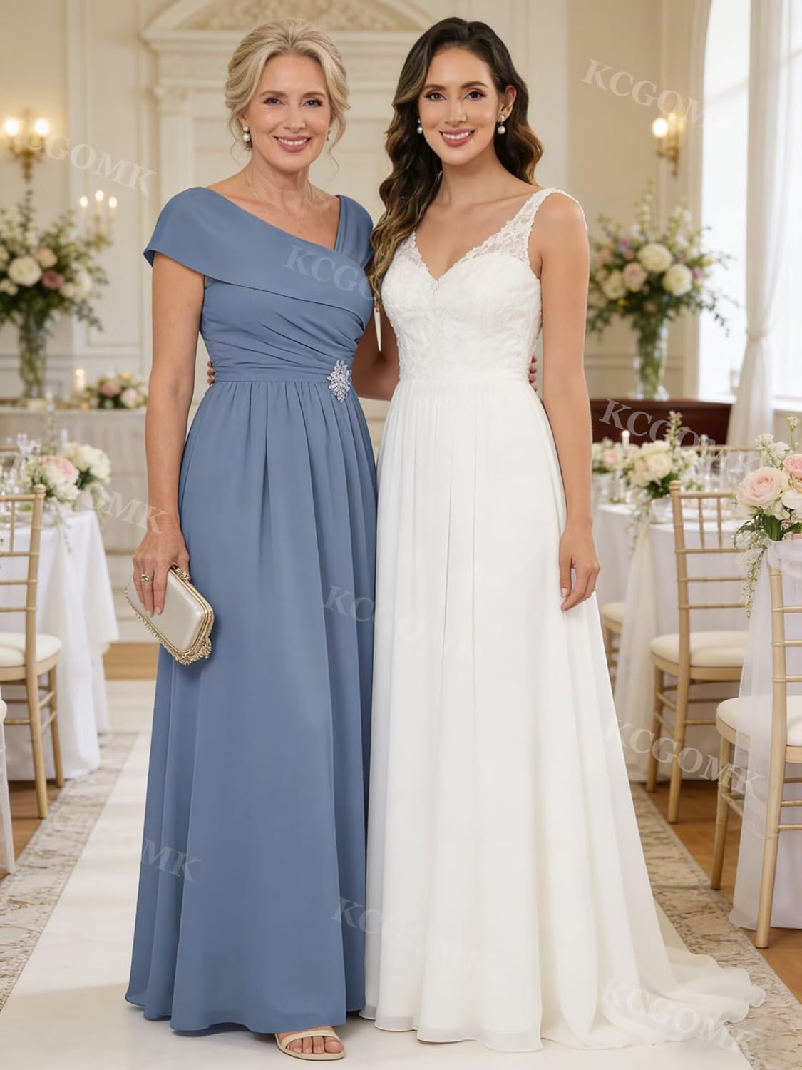 Chiffon Long Mother of The Bride Dresses for Women Beaded Asymmetric V-Neck Formal Evening Gowns with Sleeves