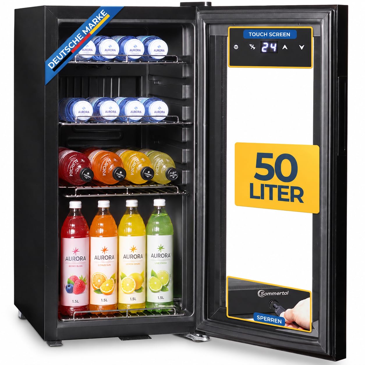 Sommertal Getränkekühlschrank 50L | Glastür, Touch, LED, abschließbar | Mini Kühlschrank Schwarz, leiser Flaschenkühlschrank für Büro, Zuhause, Bar, Kellerbar &amp; Minibar, leise &amp; energiesparend – Amazon Angebot