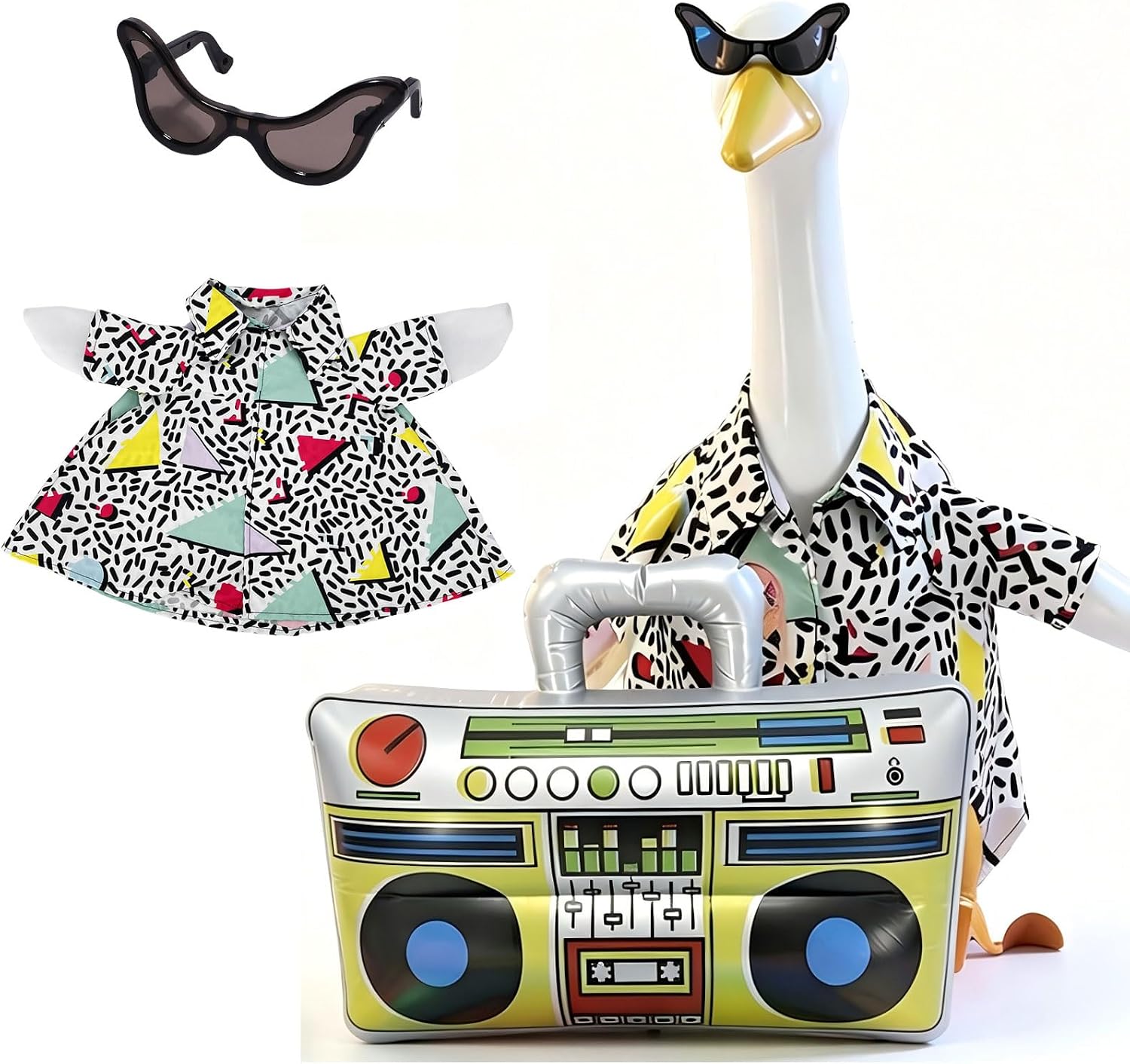 Porch Goose Outfit Rock 80s 90s Hip Hop Clothe Fit 23" Goose, Pink | Hawaiian Geese Costume with Glasses Wig and Guitar for Luau Party Outdoor Garden Yard Decor