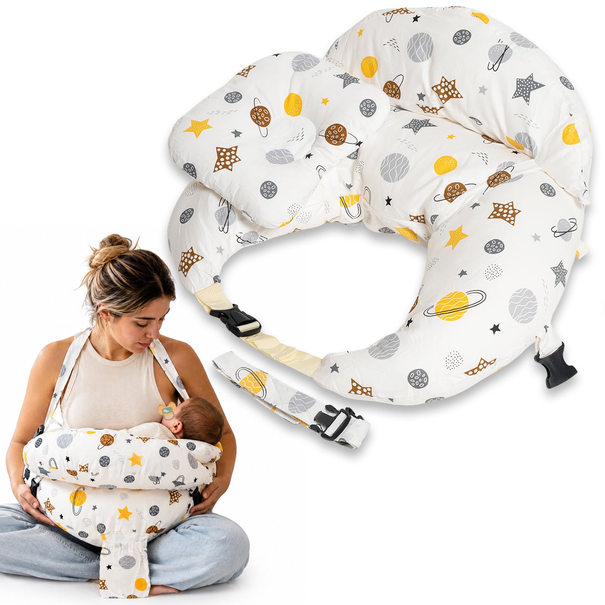 Cojín de Lactancia Ergonómico con Cinturón Ajustable para Cintura y Cuello | Soporte Anticaída para Bebé | Funda Desenfundable y Lavable | Almohada de Lactancia para Dar el Pecho y Biberón
