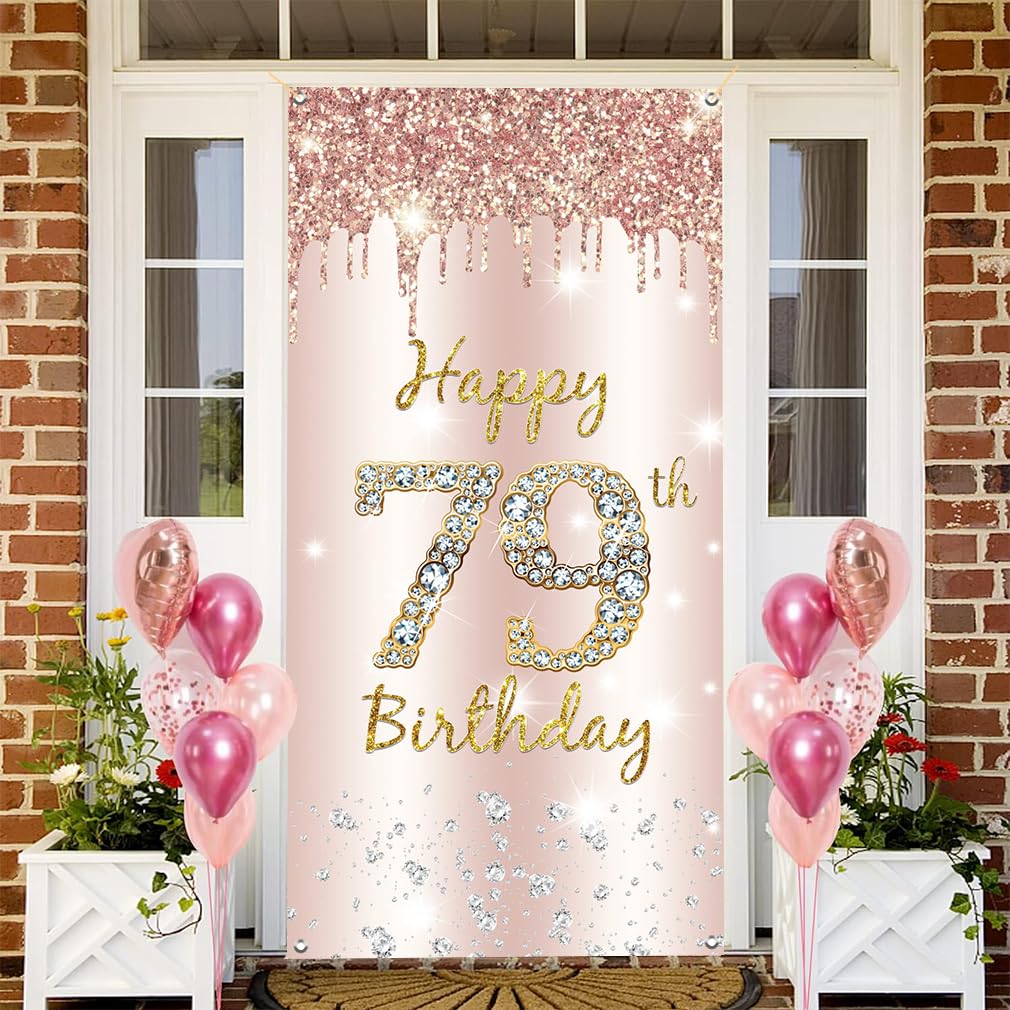 86e Anniversaire Décoration Femmes, Bannière De Porte Happy 86th Birthday Or Rose, 86e Anniversaire Tissu Panneau Affiche Décoration De Porte, 86e