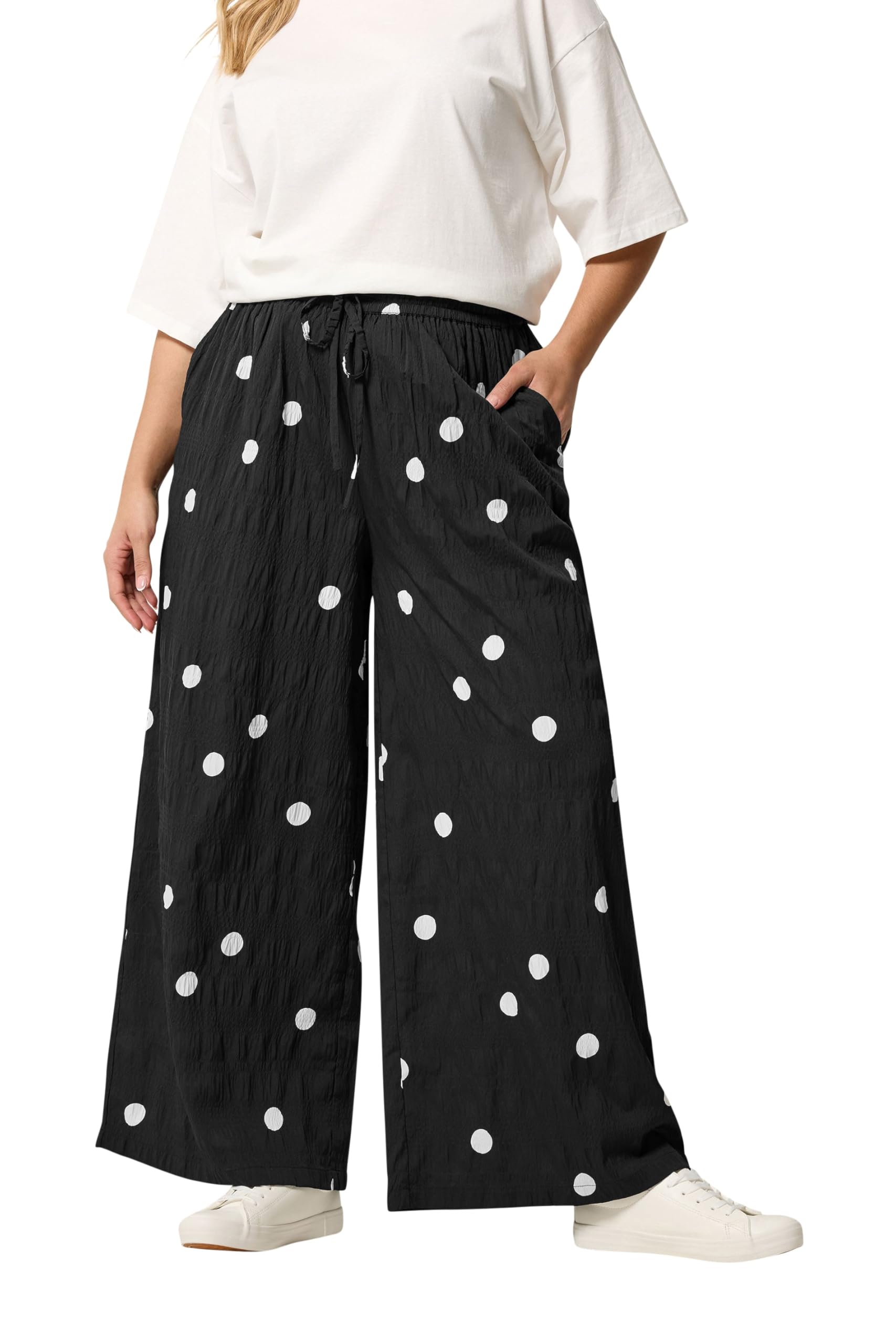 Yours Women's Black Polka Dot Wide Leg Trousers In Size 26-28