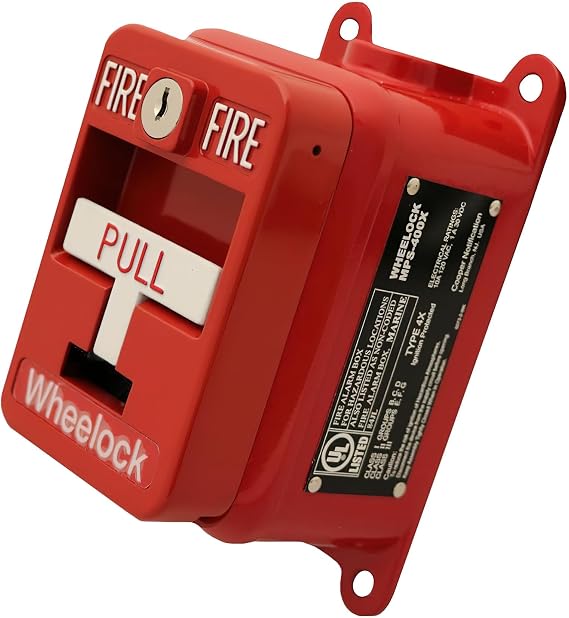 Wheelock MPS-400X Manual Pull Station, Red, Single Action, Explosion-Proof, Key Reset, High-Gloss Red Enamel Finish with Raised White Lettering, Indoor and Outdoor, Wall Mounting