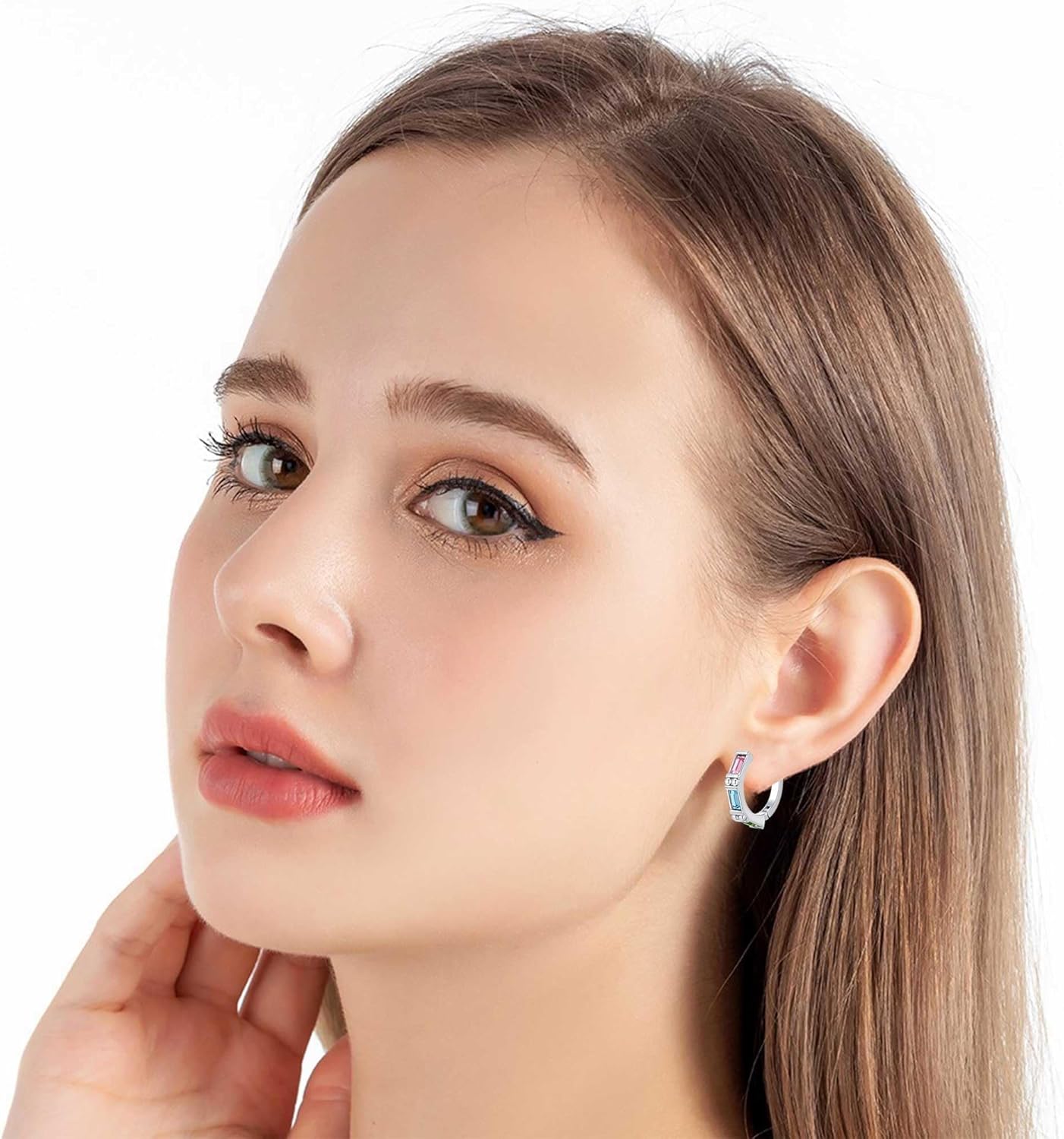 Austrian Crystal Baguette Hoop Earrings for Women 14K White Gold Plated Hypoallergenic Huggie Earrings Trendy Jewelry Gift - Image 8