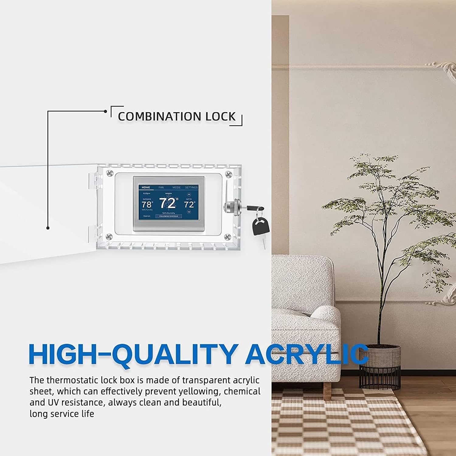 Thermostat Lock Box Clear Cover with Key, Large Universal Thermostat Guard Acrylic Material for Wall Mount, 7.28 * 4.72 * 2in