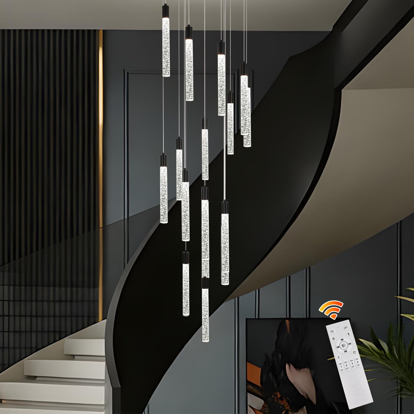 Photo 1 of GEADI Modern LED High Ceiling Chandelier, 16-Light Black Crystal