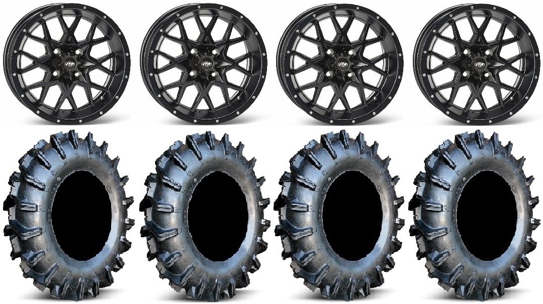 Bundle - 9 Items: ITP Hurricane 16" Wheels Black 34" MotoBoss Tires [4x156 Bolt Pattern 12mmx1.5 Lug Kit]