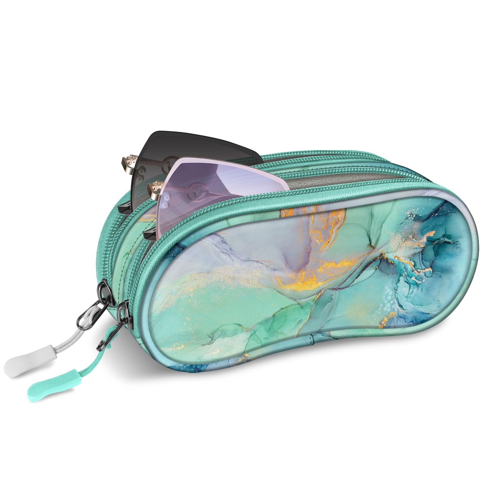 FINTIE Double Glasses Case for Men Women, Soft Portable Sunglasses Pouch with Clip, Dual Zipper Compartments, Emerald Marble