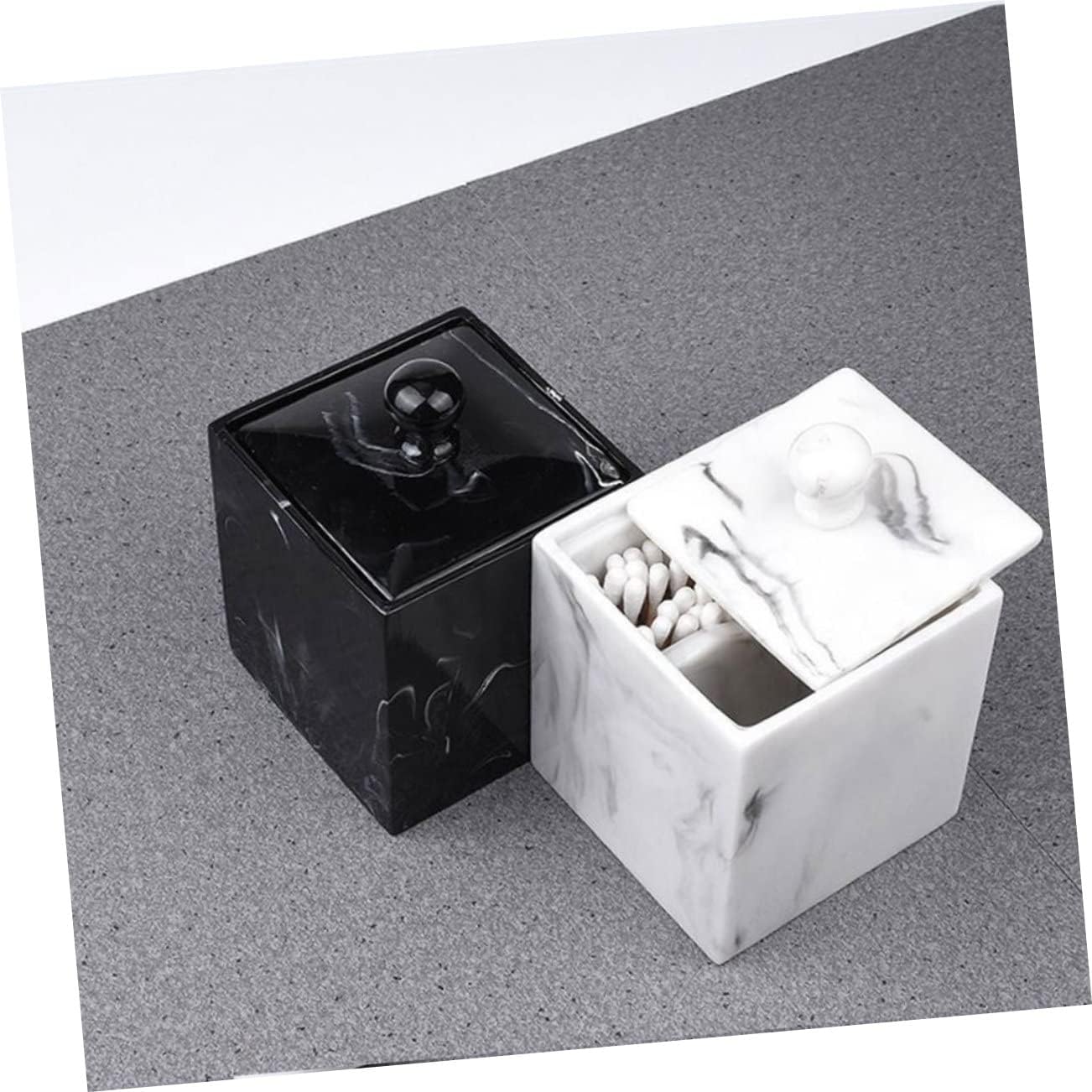 KICHOUSE 2pcs Resin Marble Grain Pattern Cotton Swabs Holder Box Doble Grids Makeup Cotton Organizer Home Storage Case