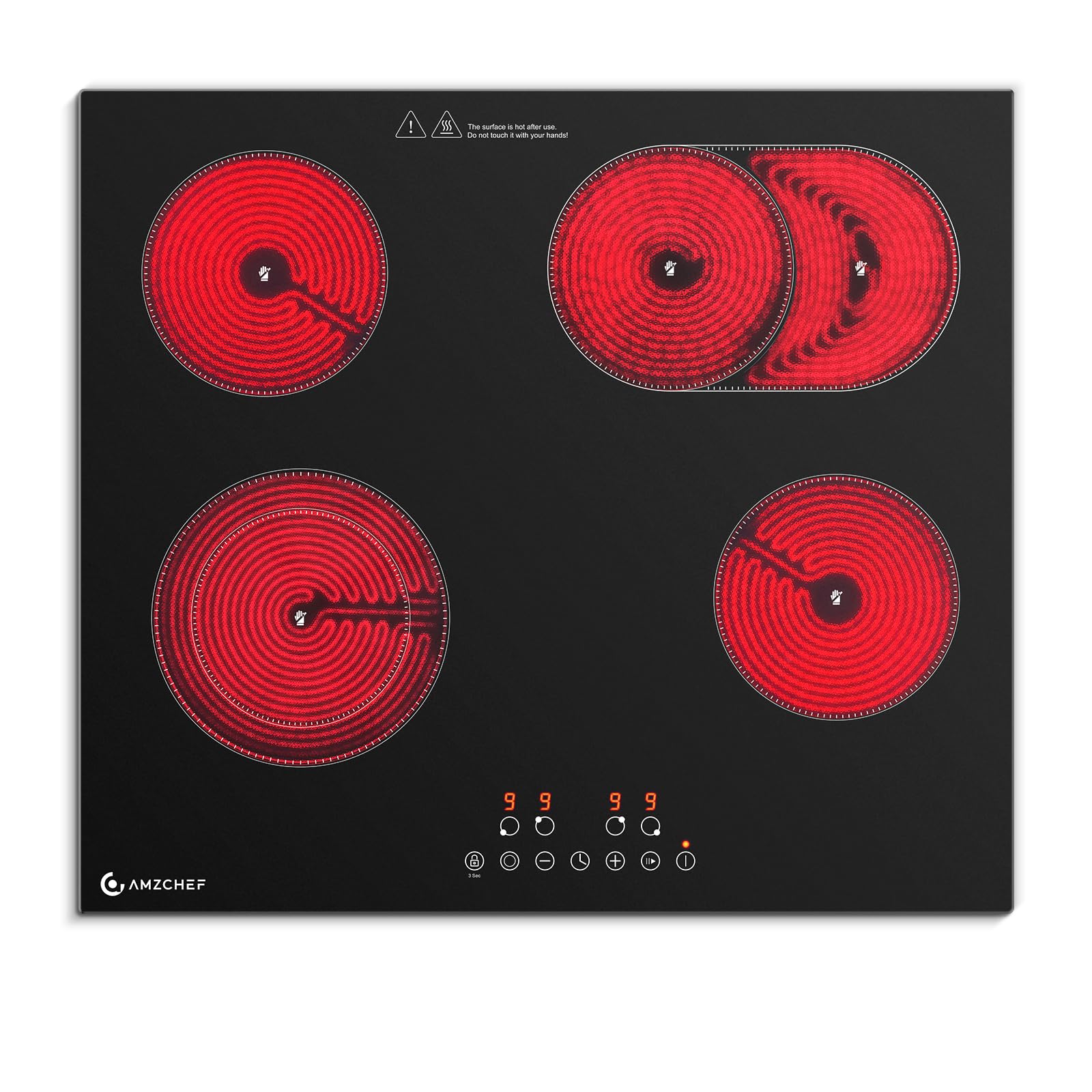 AMZCHEF Glaskeramikkochfeld 4 Platten 7200W, Herdplatte 4 Kochfelder 60 cm, 9 Leistungsstufen, Dual-/Ovalzonen für Grillen, Heizpause-Funktion, Kompatibel mit allem Kochgeschirr