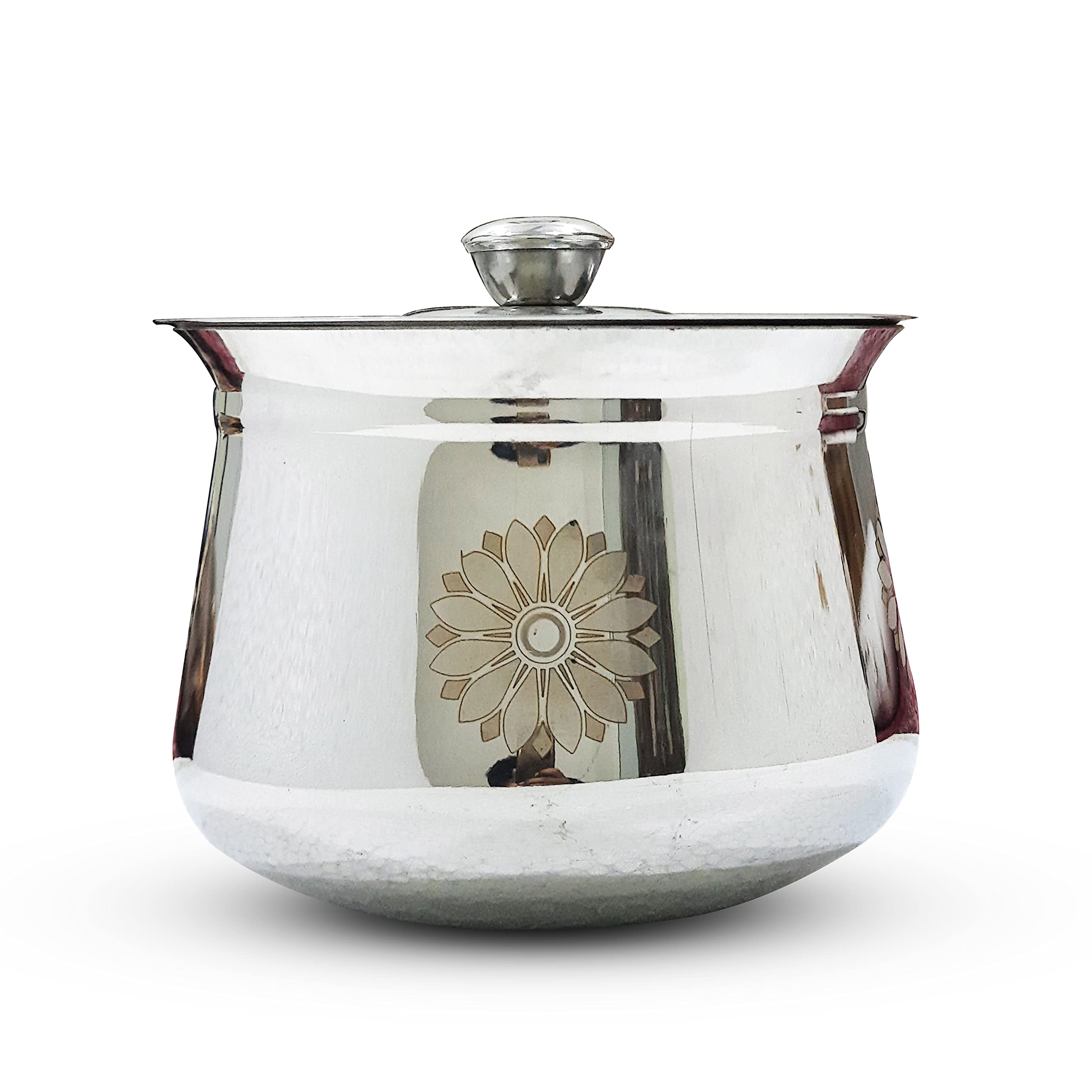 NEXT Future, Flower Laser Print, 400ml, 20G Arcot/Dahi/Madras Stainless Steel Handi/Bartan, Highly Polished Cookware & Serveware Handi for Kitchen with Lid & Knob (400ml)