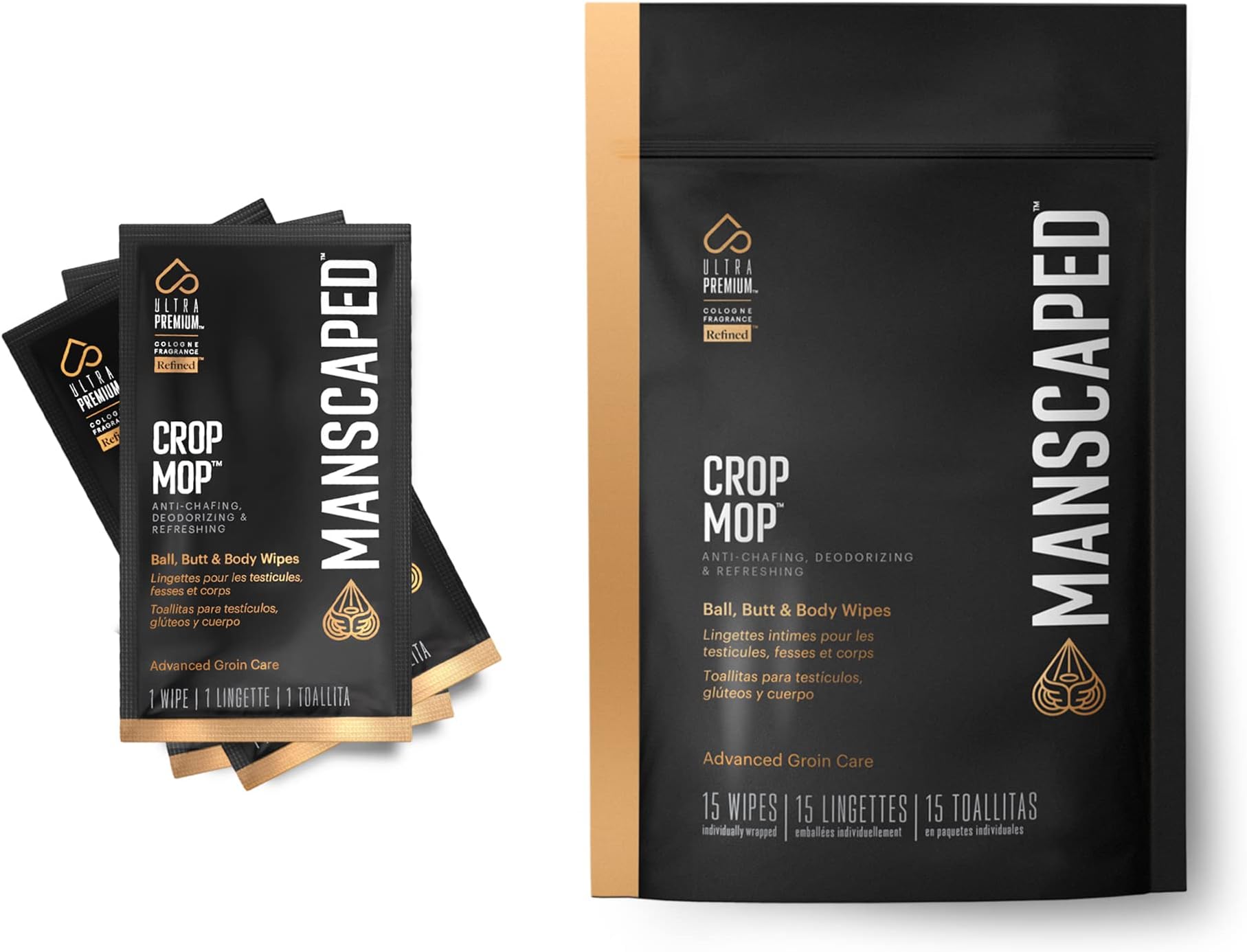 MANSCAPED™ Crop Mop™ World's First On-The-Go Individually Wrapped Ball Wipes, Anti-Chafing Male Hygiene Body Wipes, Cleaning Wipe Designed for the Male Groin Area with Refreshing Aloe Vera, 15 Pack