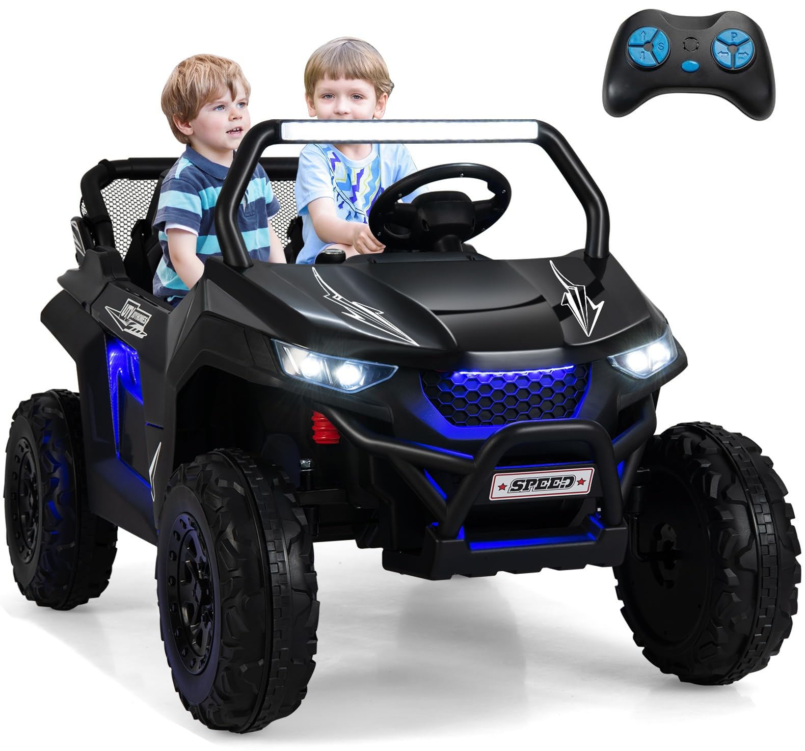 OLAKIDS 2 Seater Ride on Car for Kids, 12V UTV Kids' Electric Vehicles with Remote Control, Spring Suspension, Soft Start, Music Bluetooth FM, Battery Powered for Ages 3-8 (Jet Black)