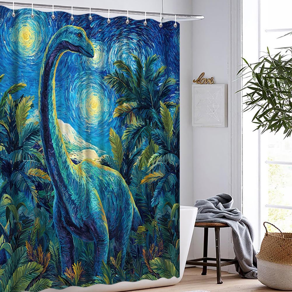 Starry Night Shower Curtain Sets 72x72 inches Funny Dino Bathroom Decor