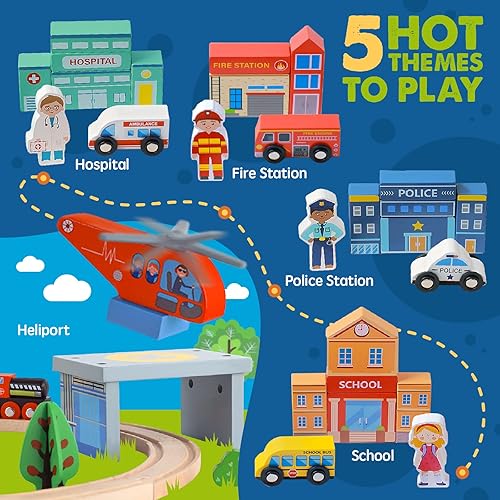 Miniatura 5 de Tiny Land 110 piezas de juego de tren de madera – Tren de juguete con vías para niños de 3 a 7 años, compatible con las principales marcas, ideal