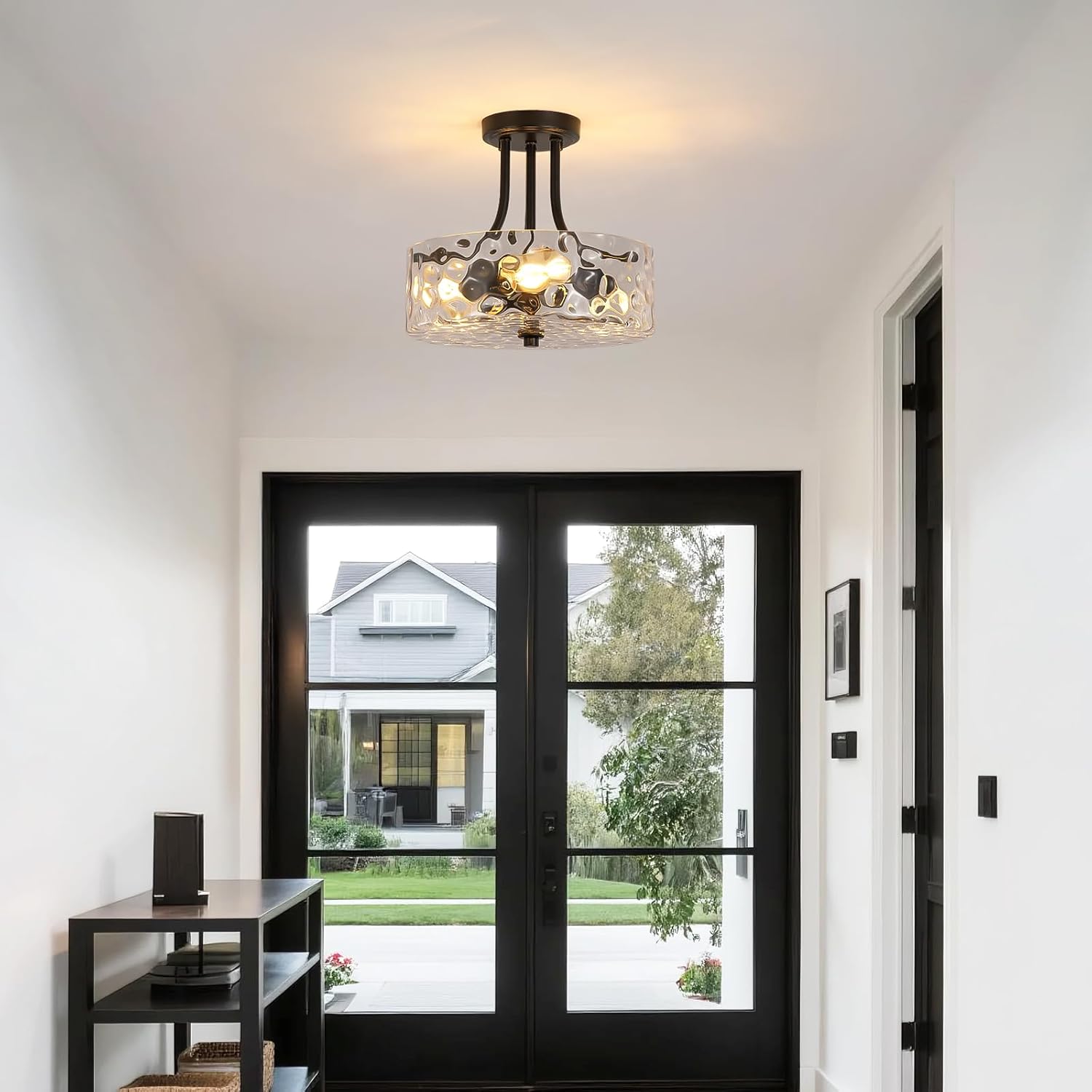 Black Semi Flush Mount Ceiling Light, 11.8" Foyer Lighting Fixtures, 3-Light Modern Glass Entryway Hallway Light Fixture for Dining Room Kitchen Bedroom Laundry Room