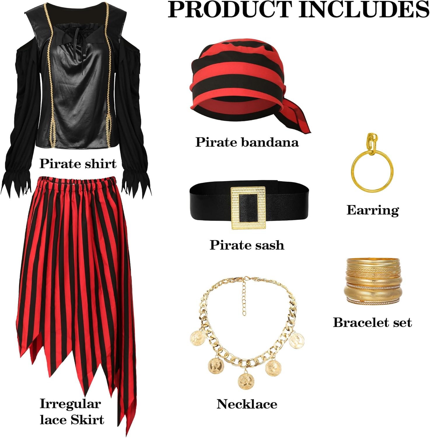 Drofe Pirate Costume Women Accessories Pirate Skirt Renaissance Top Adult Necklace Earrings Halloween Costume Full Set - Image 3