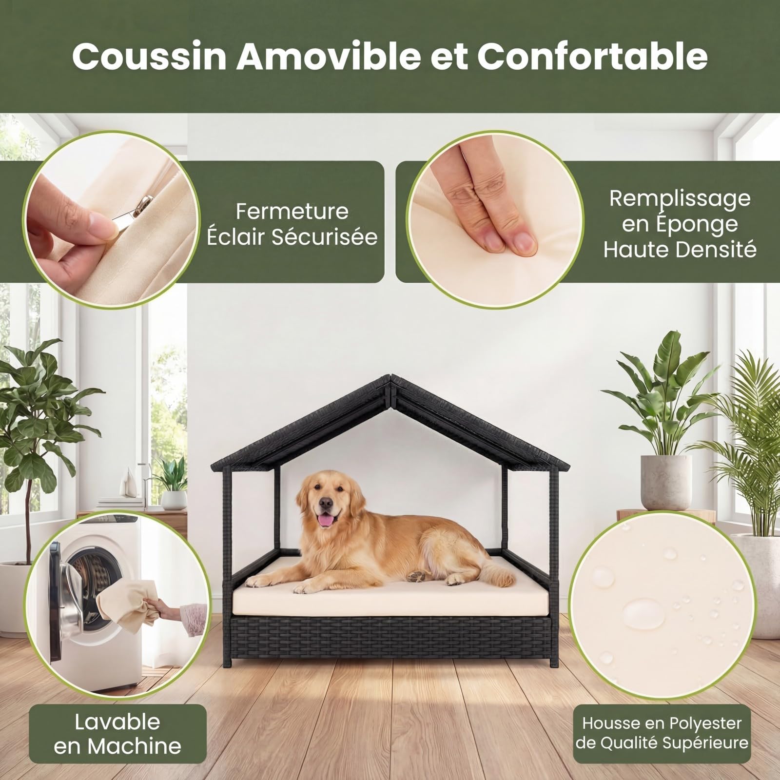 GYMAX Lit pour Chien Surélevé Extérieur avec Coussin, Panier pour Chien en Rotin PE avec Toit en Pente, Cadre en Métal Robuste, Bonne Ventilation, Abri Chiot 98 x 68 x 74 cm (Beige)