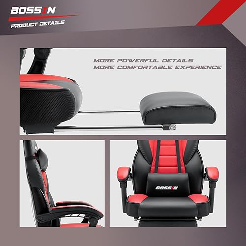 Miniatura 8 de BOSSIN Silla Gaming Estilo Racing, Silla de Escritorio de Computadora de Cuero con Reposapiés y Reposacabezas, Diseño Ergonómico de Servicio Pesado,