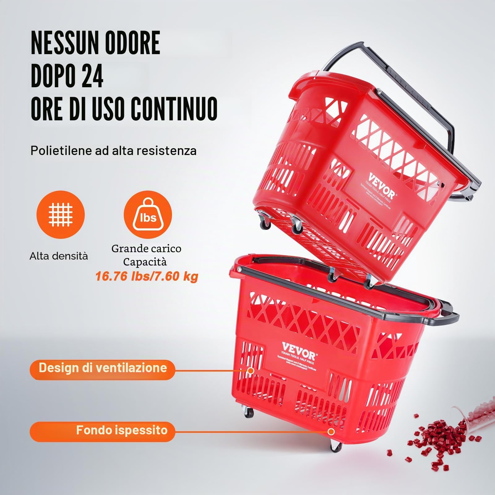 VEVOR Cestini Spesa, Cestino Spesa Rotolante in Plastica con Manici Ruote, Cestini Spesa Portatili Grandi per Supermercati, Negozi al Dettaglio, Fare la Spesa, 6 Pezzi, Carrelli Spesa 39 Litri