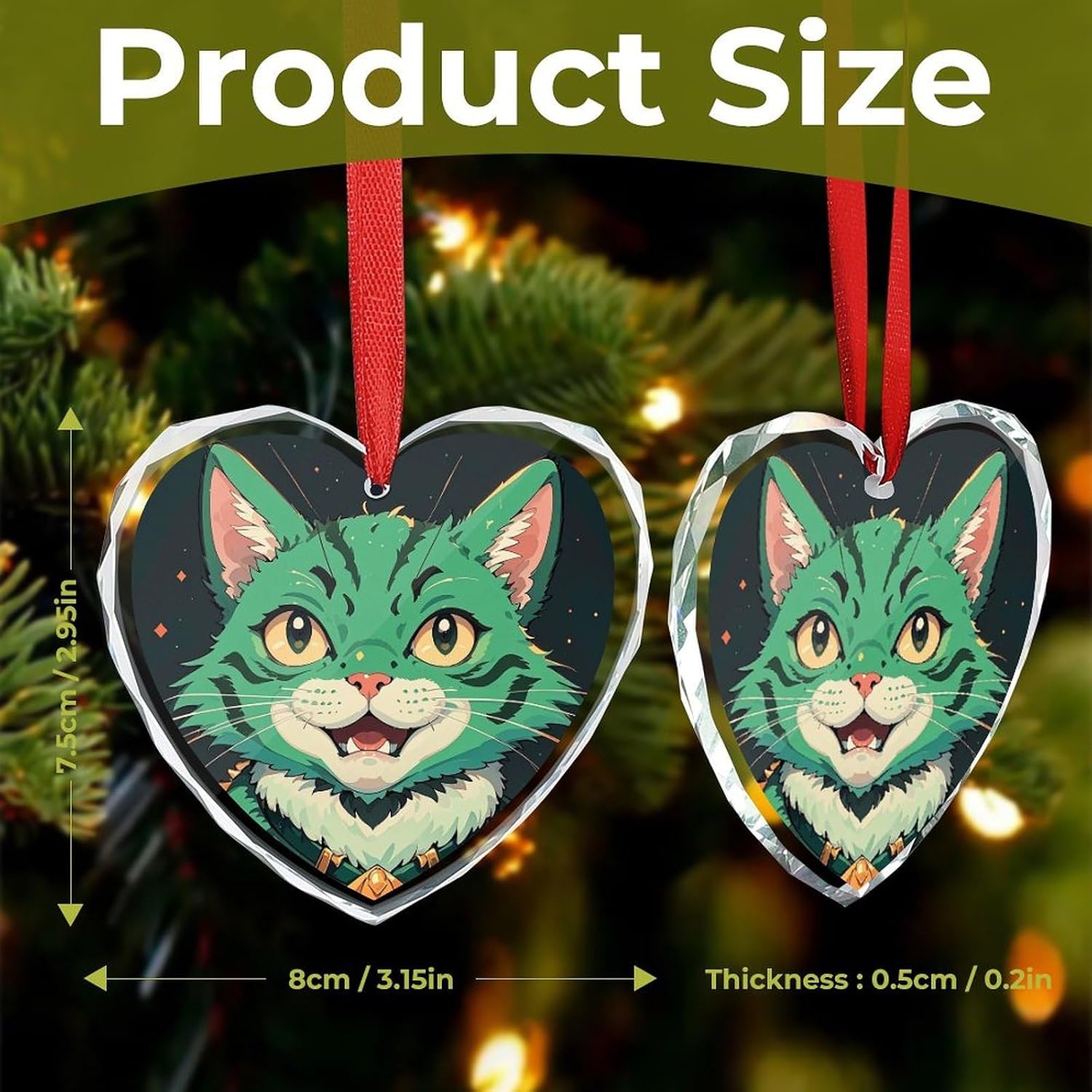 Anime Green Cat Heart Pendant for Gift, Personalized Christmas Glass Hanging Decorations, Portable Keepsake Pendant for Couples, Xmas Tree Ornaments for Home image 2