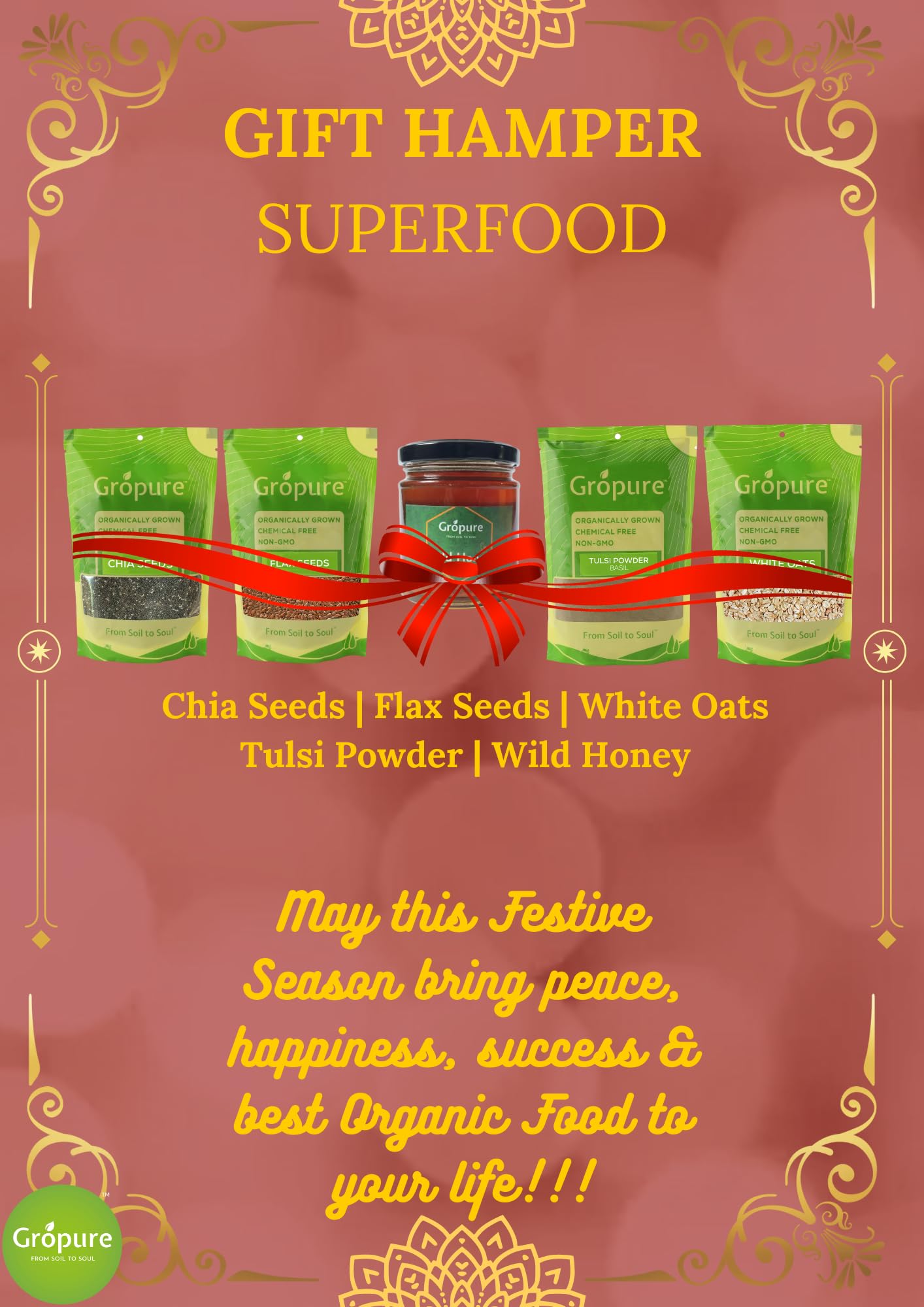 GroPure Organic: From Soil to Soul - Gift Hamper - SUPERFOODS I Packed in a Beautiful GIFT BOX I Gift this HAMPER to someone you love I Great ENERGY BOOSTERS I This Gift Box includes the 5(Five) best Organically grown products 1)Chia Seeds 2)Flax Seeds 3)White Oats 4)Wild Honey 5)Tulsi Powder-image-47