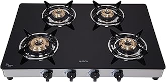 Elica 4 Burner Auto Ignition Gas Stove | 694 CT VETRO SS AI | Brass Burners | Toughened Glass Top | Stainless Steel Body | Euro Coated Pan Support | 7-Year Glass Warranty | Black & Silver