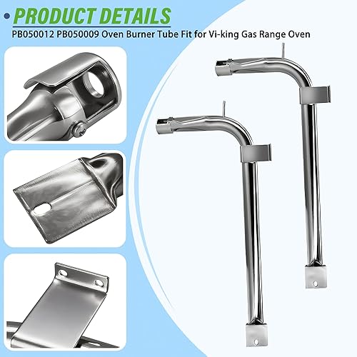 Miniatura 7 de Paquete de 2 tubos de quemador de horno de acero inoxidable PB050012 PB050009 compatible con electrodomésticos Vi-king de repuesto para quemador de