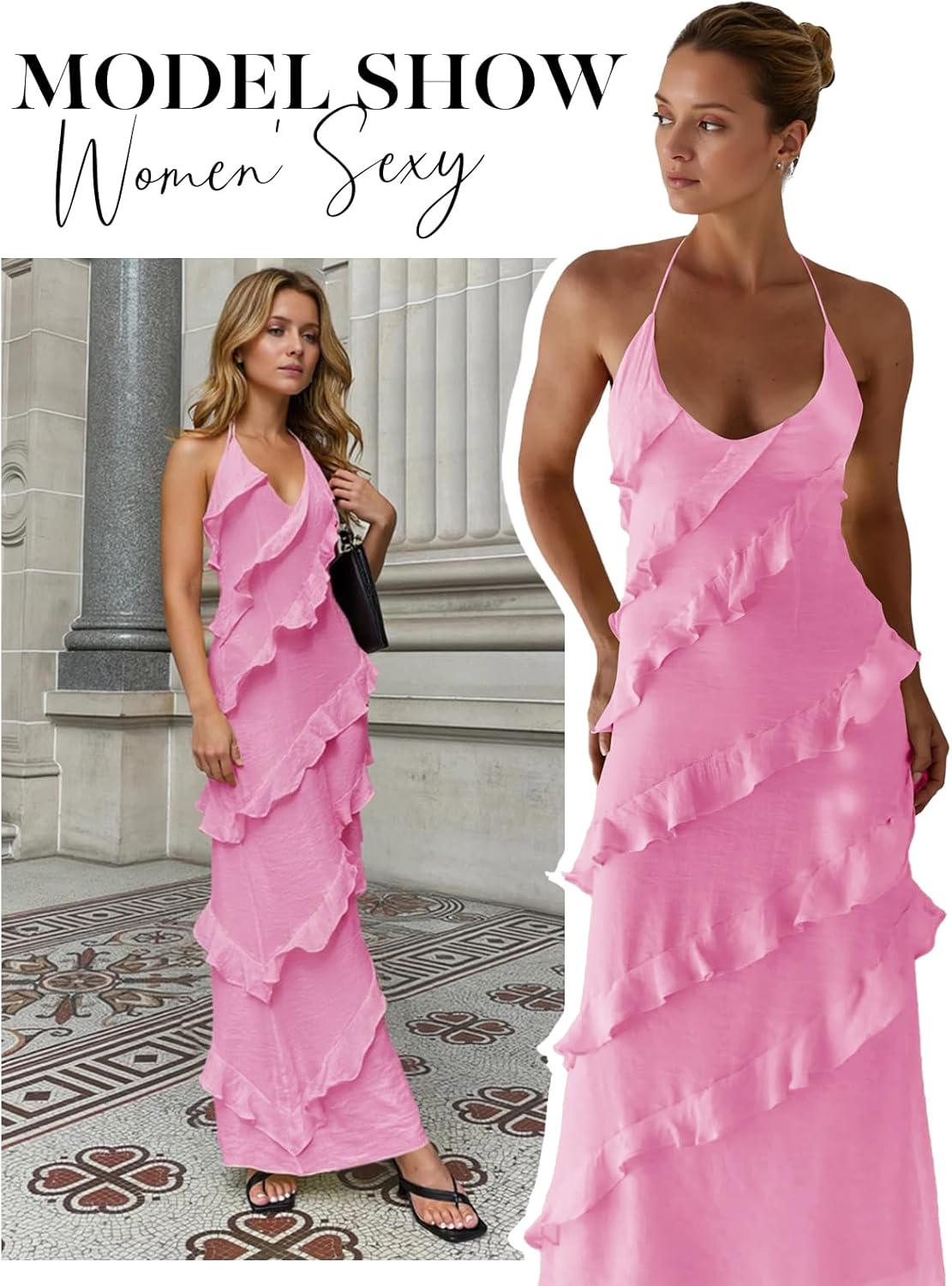 Wenrine Womens Sexy Chiffon Halter Maxi Dress Sleeveless Backless Ruffle Tassel Party Club Dresses - Image 5