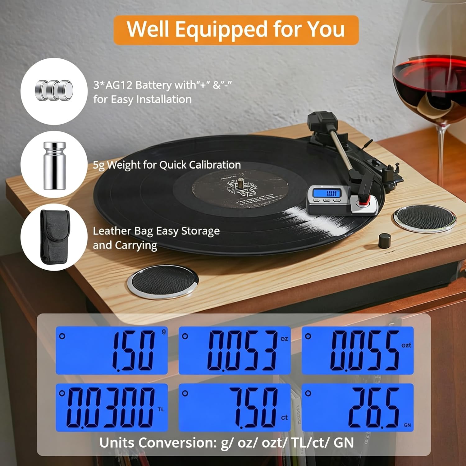 Digitale Giradischi Stilo Scala di Forza Calibro 0.01g/5.00g con retroilluminazione LCD blu, Manometro Stilo per Tonearm Phono Cartuccia