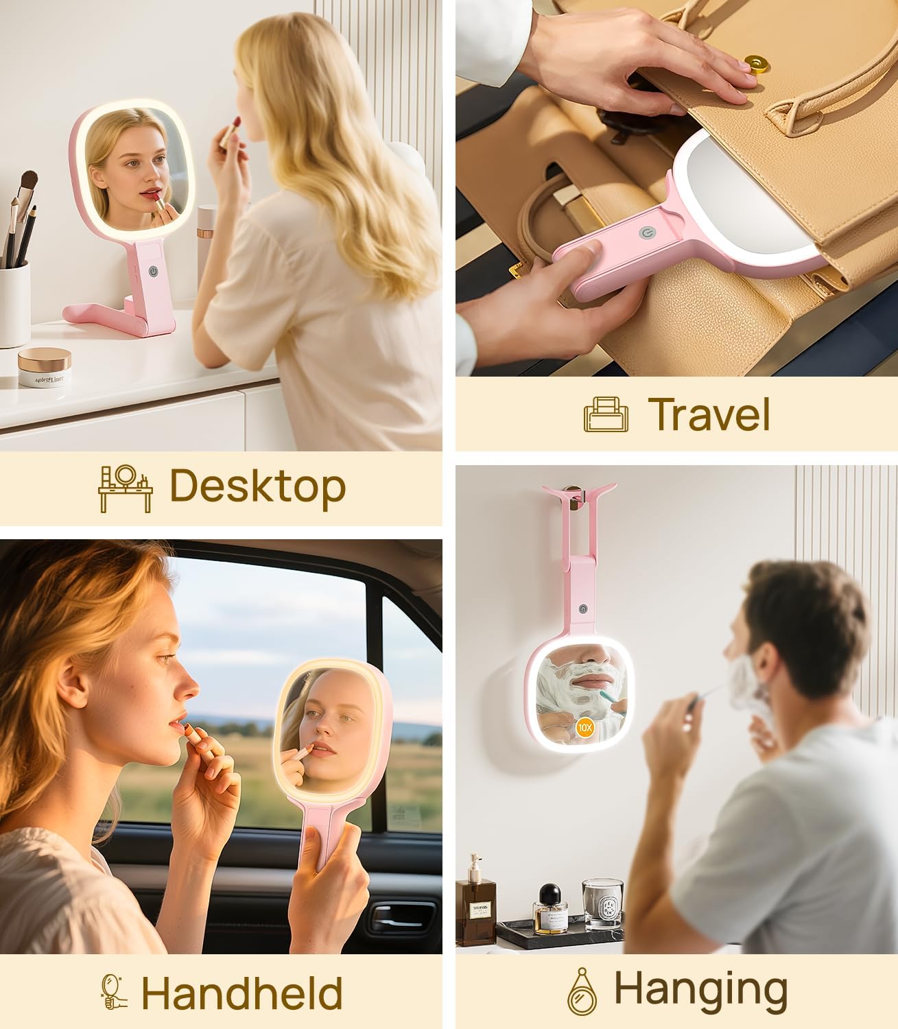Gospire 6.8" Travel Vanity Mirror, 3-in-1 Hanging/Handheld/Desktop Use with Dual-Side Buttons, 1X/10X Magnification, 3-Color Dimmable LED, Auto Memory + Velvet Pouch (Pink) - Image 4
