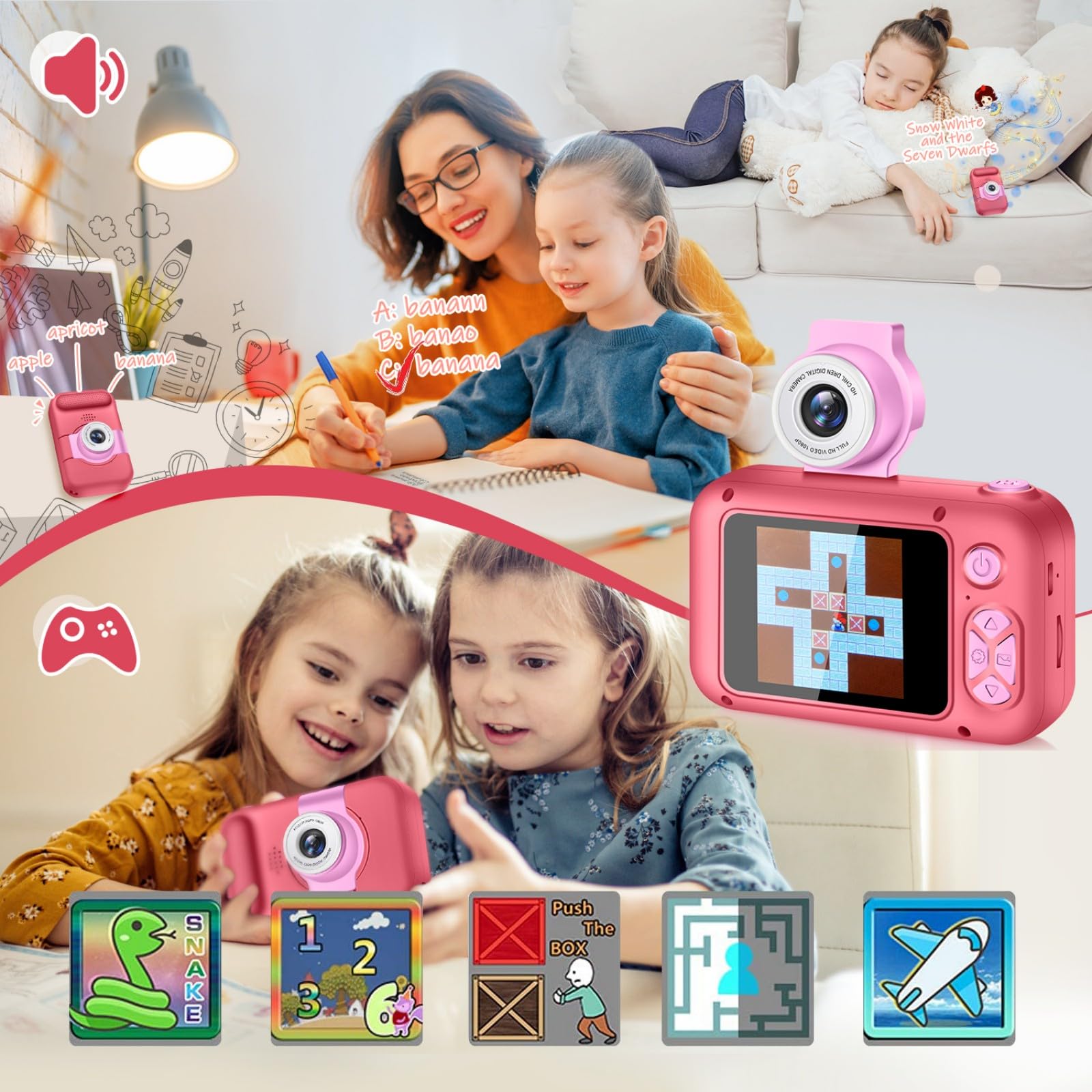Kids Camera with Selfie Feature, 180° Rotating Lens, Digital Camera for Children, Toy with 2.4-Inch Screen, Includes 32GB Card, Suitable for Ages 3-12, Birthday Present, Christmas Gift for